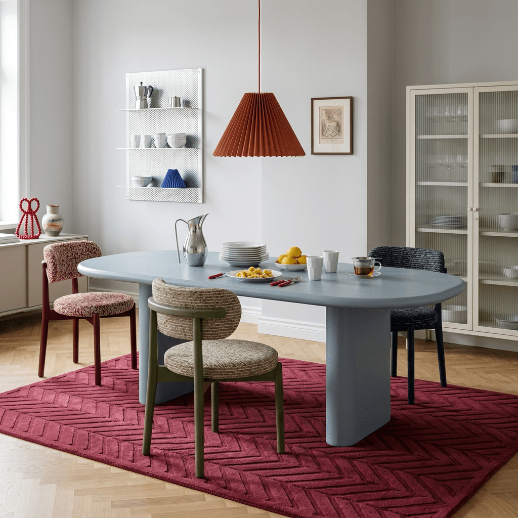 Cadeiras de assento redondo em sala de jantar com mesa oval, luminária pendente, cristaleira e tapete