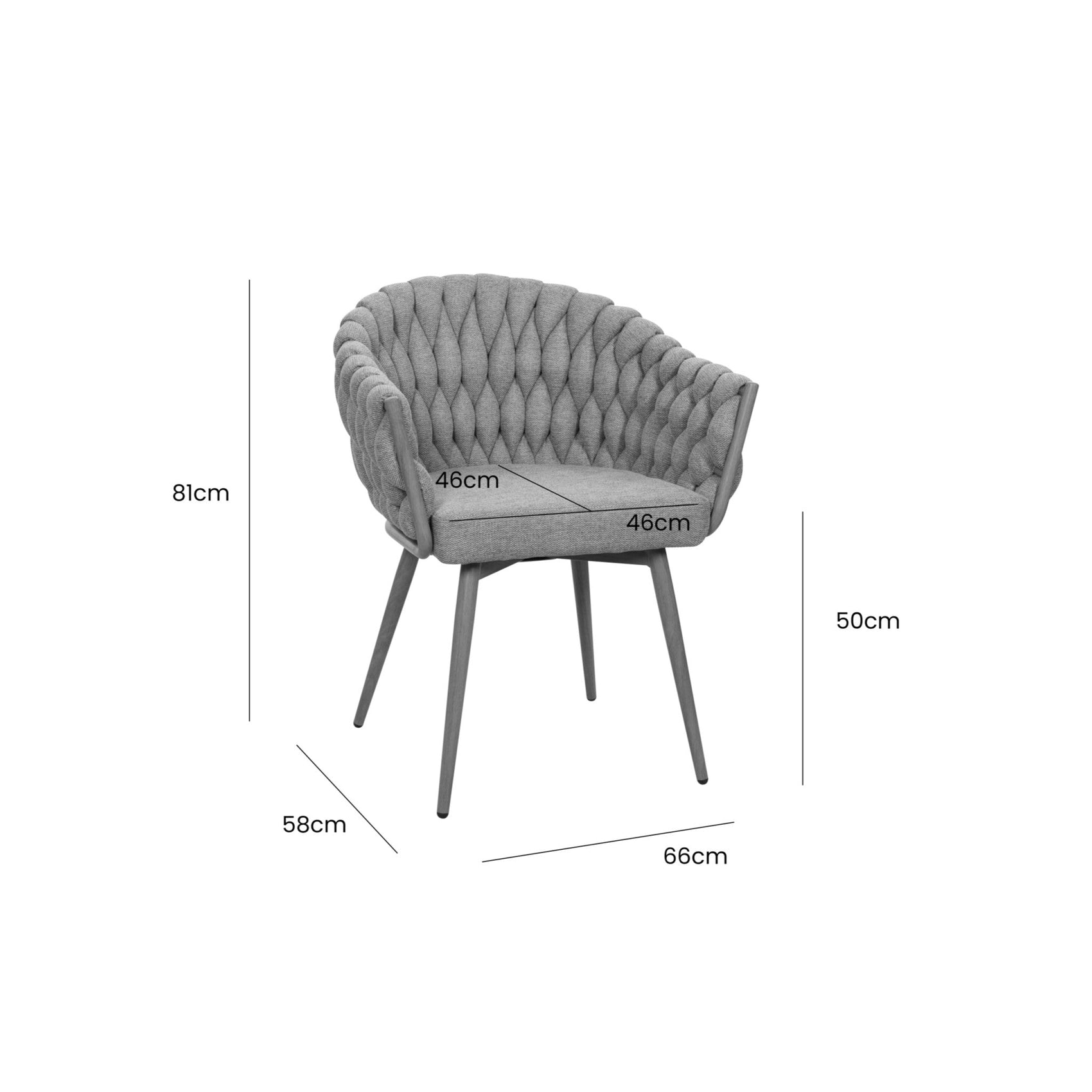 Cadeira Orla em bouclê cinza com pés escuros e medidas 81 cm x 66 cm