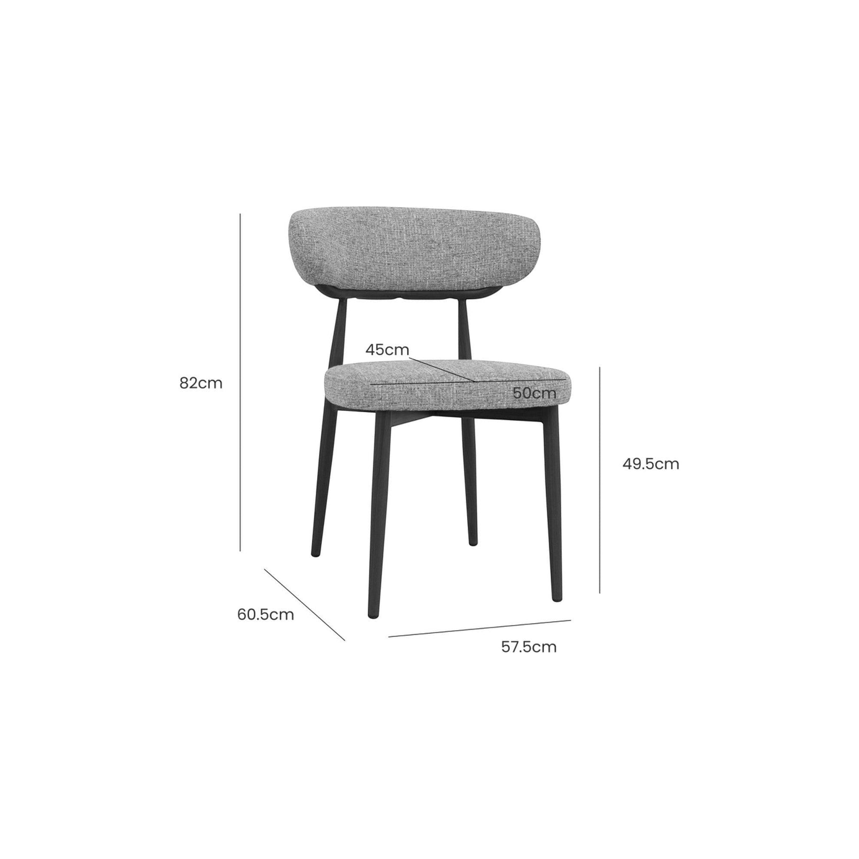 Cadeira estofada cinza claro, medidas 60,5x57,5 cm; altura 82 cm; assento 49,5 cm