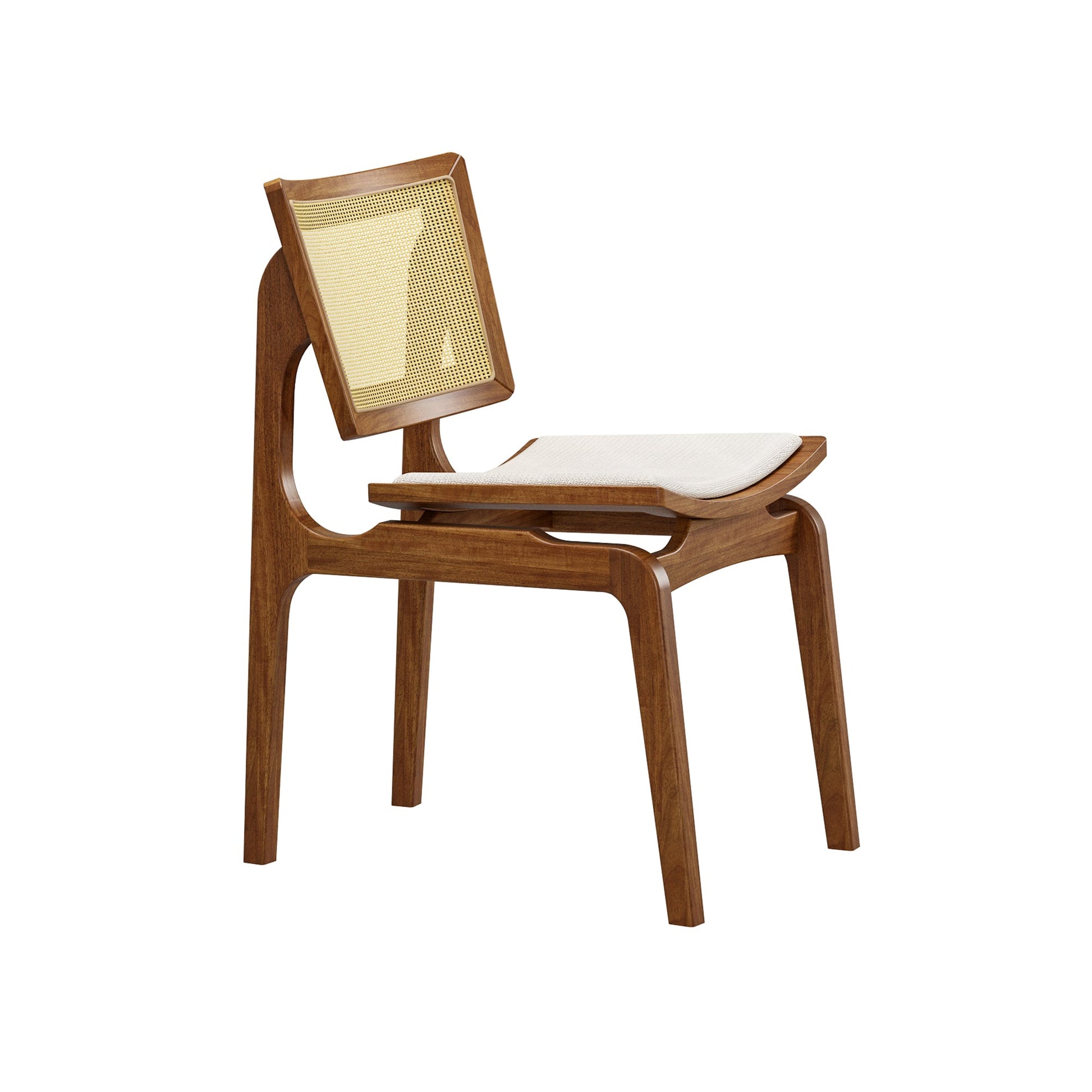 Cadeira de madeira com assento e encosto estofados claros, design com trama