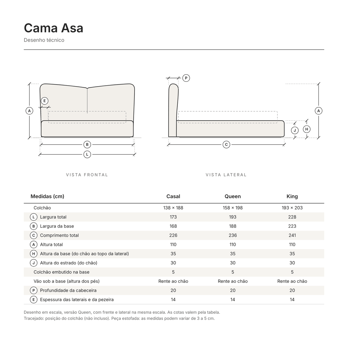 Desenho técnico da Cama Asa em escala, com vistas frontal e lateral e tabela de medidas nos tamanhos Casal, Queen e King