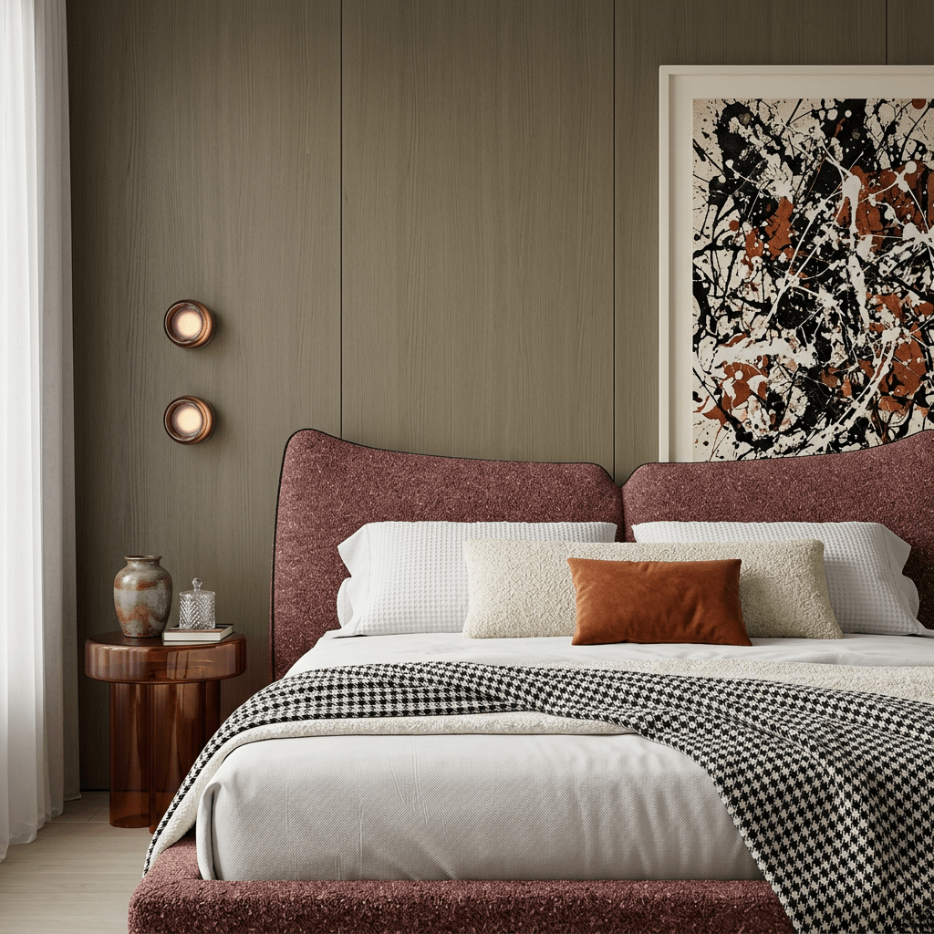 Cama estofada com cabeceira em duas almofadas em quarto com painel de madeira, arandelas redondas e quadro abstrato