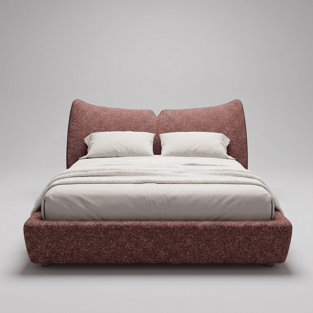 Cama estofada com cabeceira em duas almofadas e entalhe no centro, vista frontal