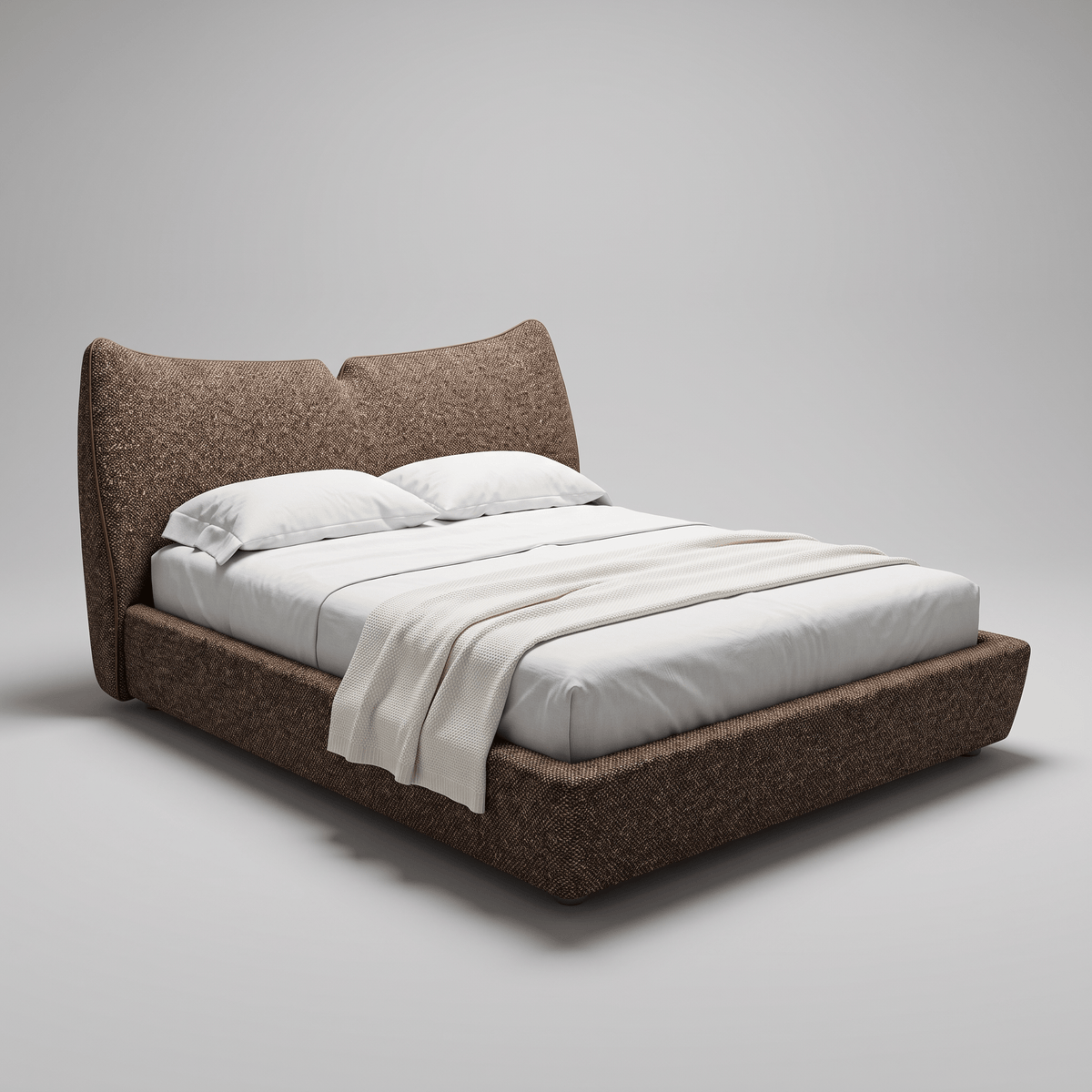Cama estofada com cabeceira em duas almofadas em outra opção de revestimento, de textura mesclada