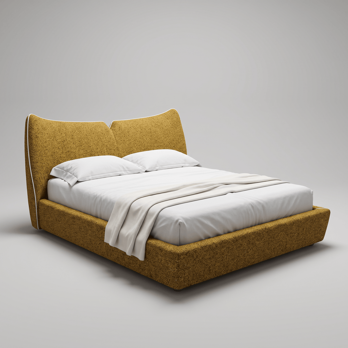 Cama estofada com cabeceira em duas almofadas em outra opção de revestimento, com vivo claro