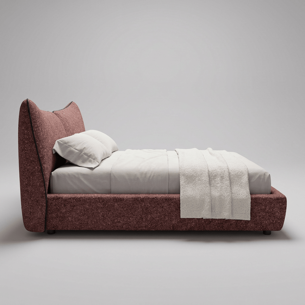 Cama estofada vista de lado, com cabeceira inclinada e pés discretos recuados sob a base