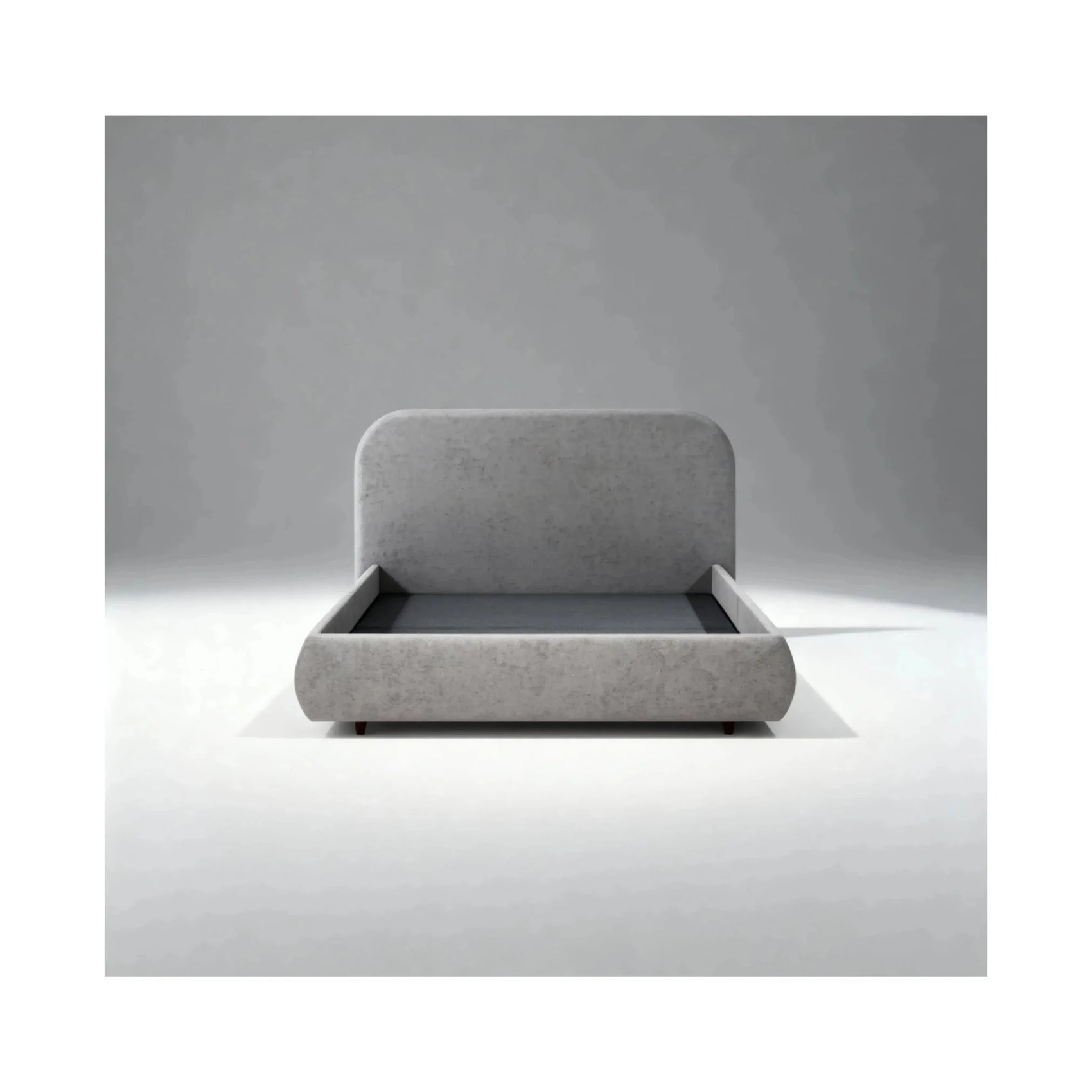 Cama estofada cinza com base acolchoada e cabeceira retangular