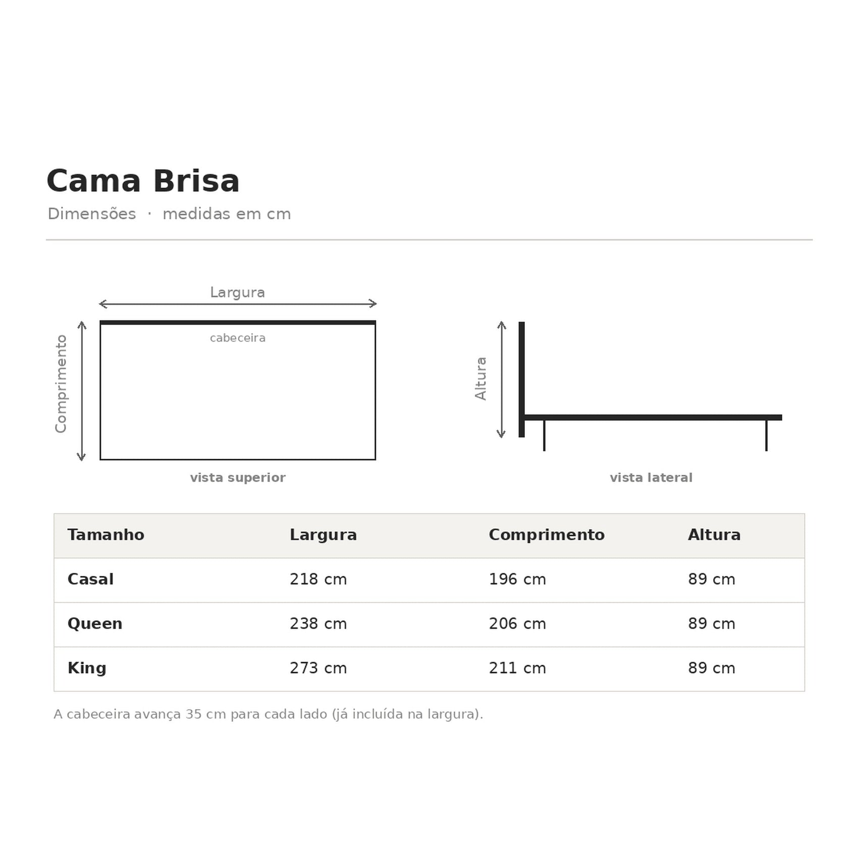 Esquema da Cama Brisa com dimensões: largura, comprimento e altura para Casal, Queen, King.