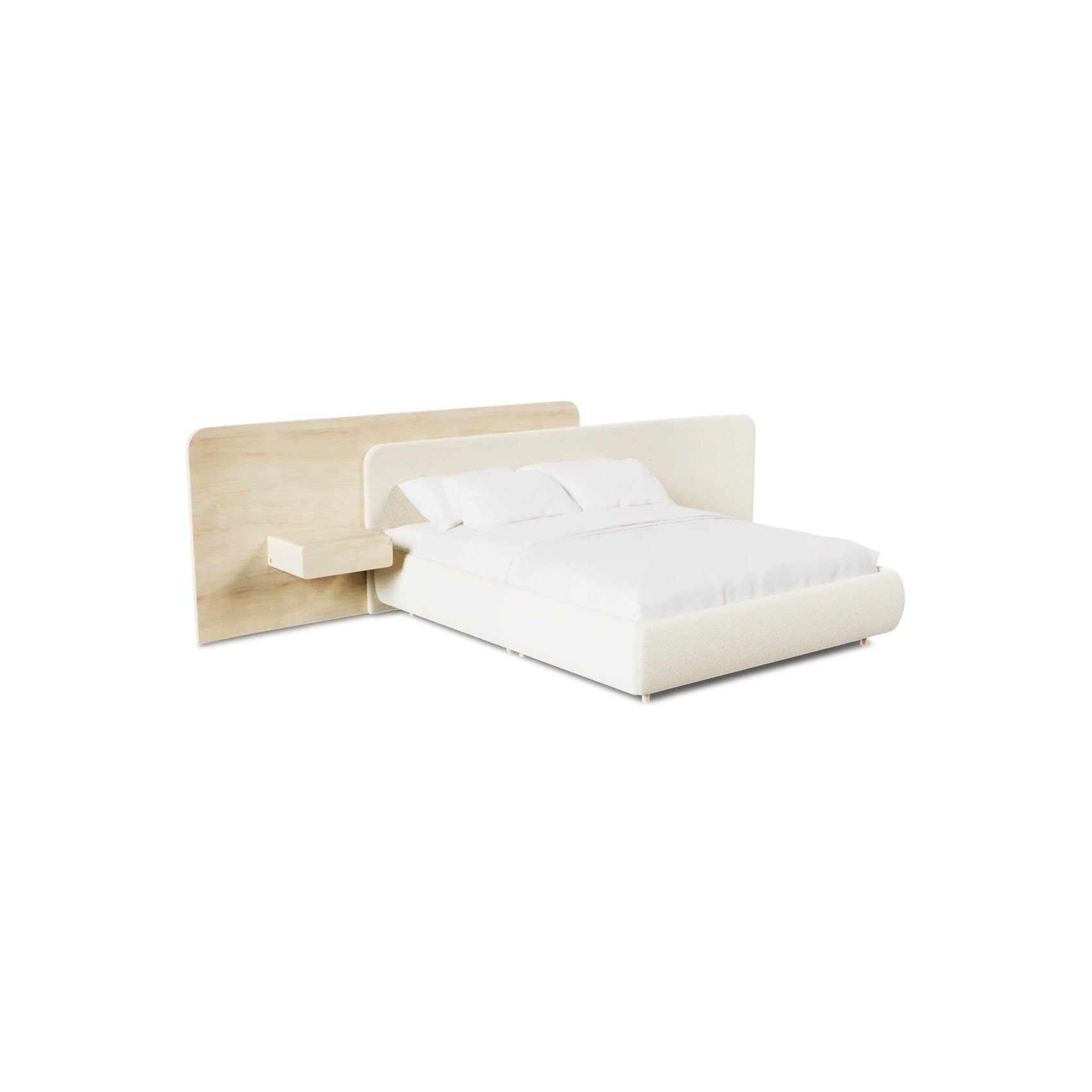 Cama estofada bege com cabeceira alta e roupa de cama branca