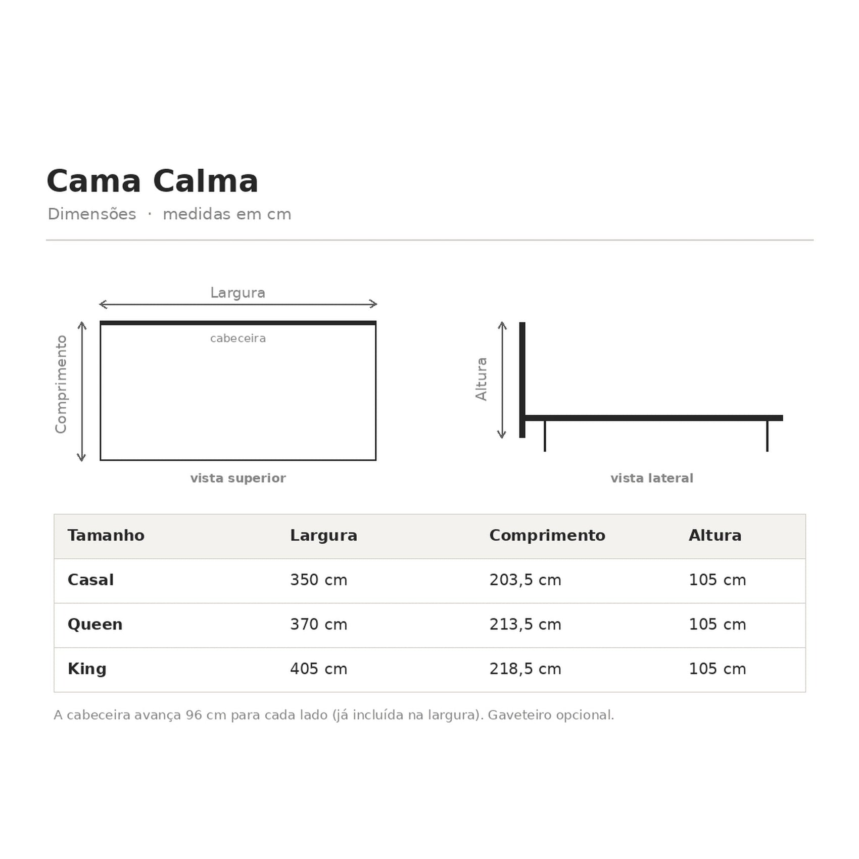 Diagrama da Cama Calma com medidas: Casal, Queen e King e altura 105 cm