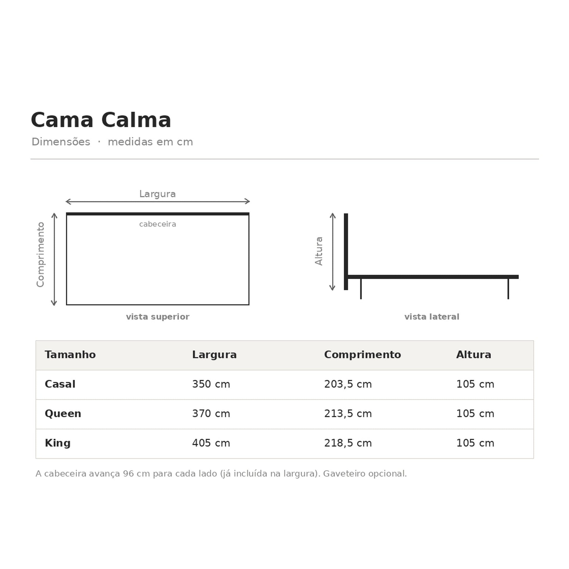 Diagrama da Cama Calma com medidas: Casal, Queen e King e altura 105 cm