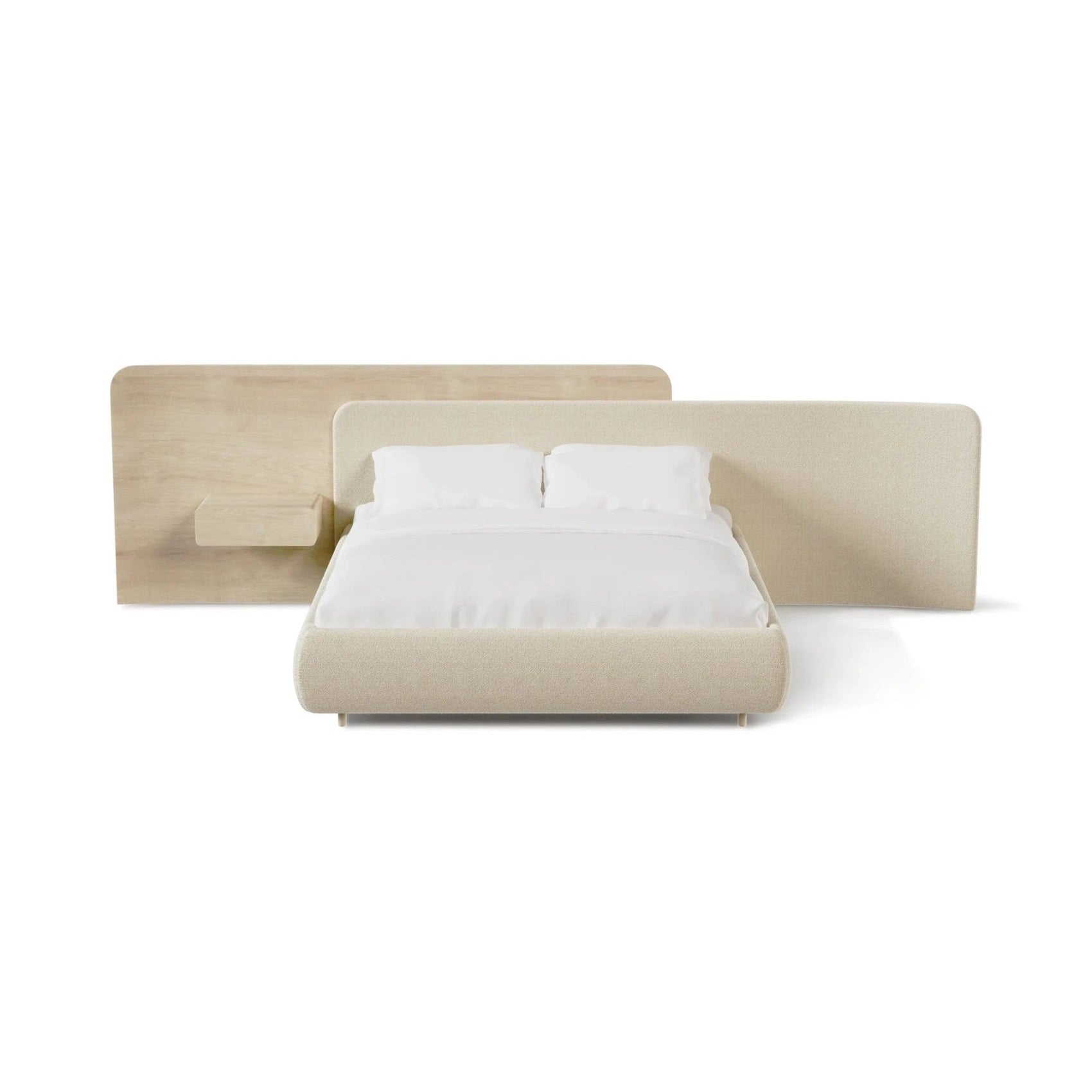 Cama estofada bege com cabeceira retangular e roupa de cama branca
