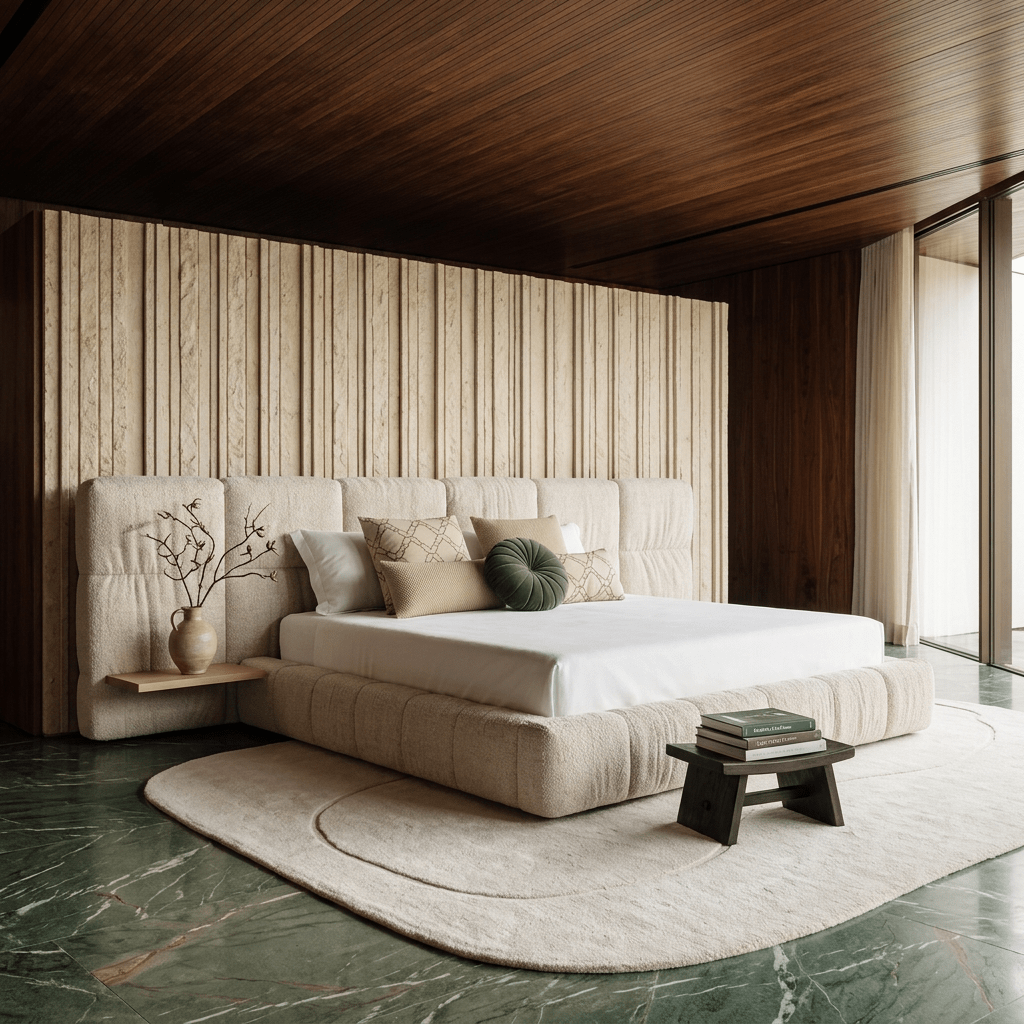 Cama de cabeceira estofada em quarto com painel de madeira, piso de mármore e tapete orgânico