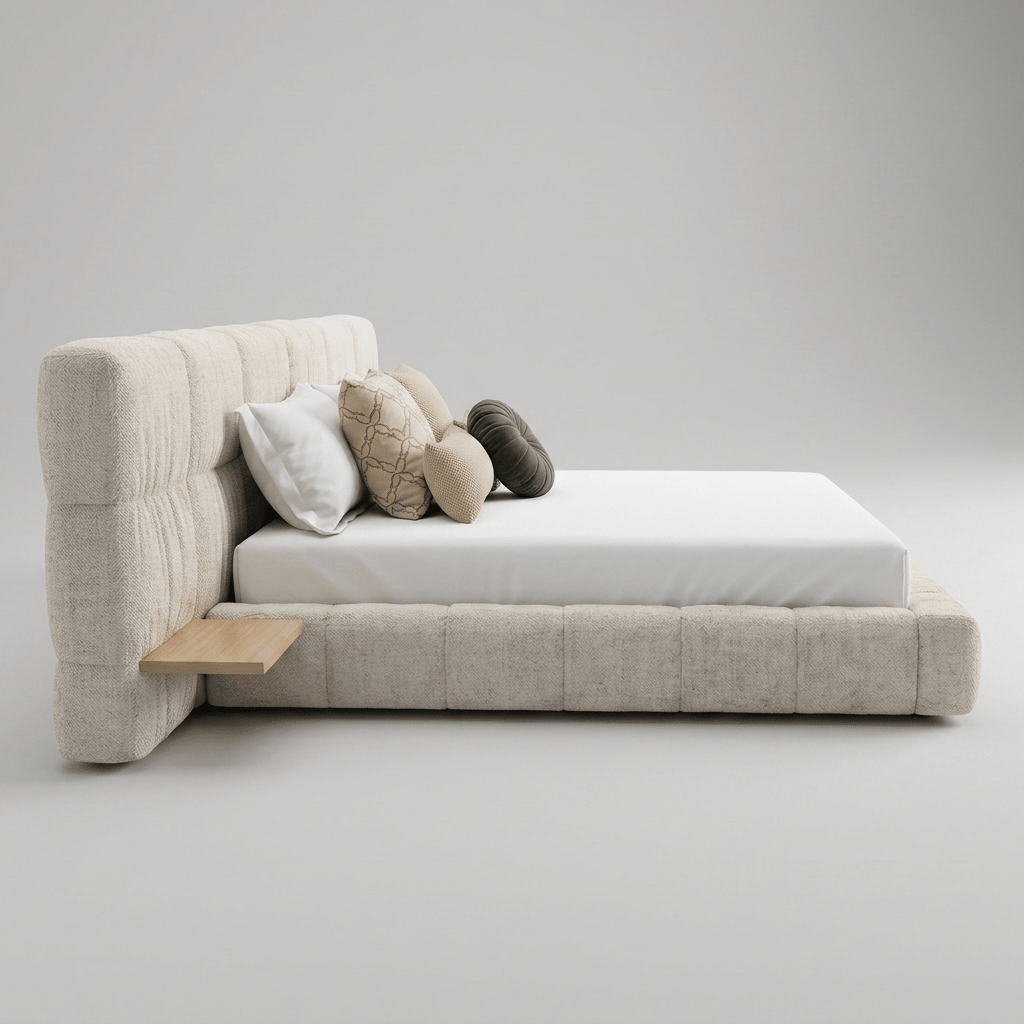 Cama de cabeceira alta estofada com mesa lateral de madeira, vista lateral