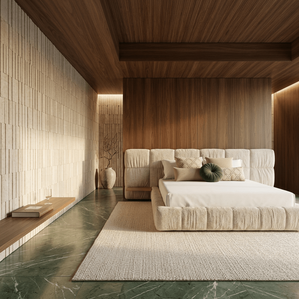 Cama estofada ao fundo de quarto amplo com forro de madeira, banco de parede e tapete claro