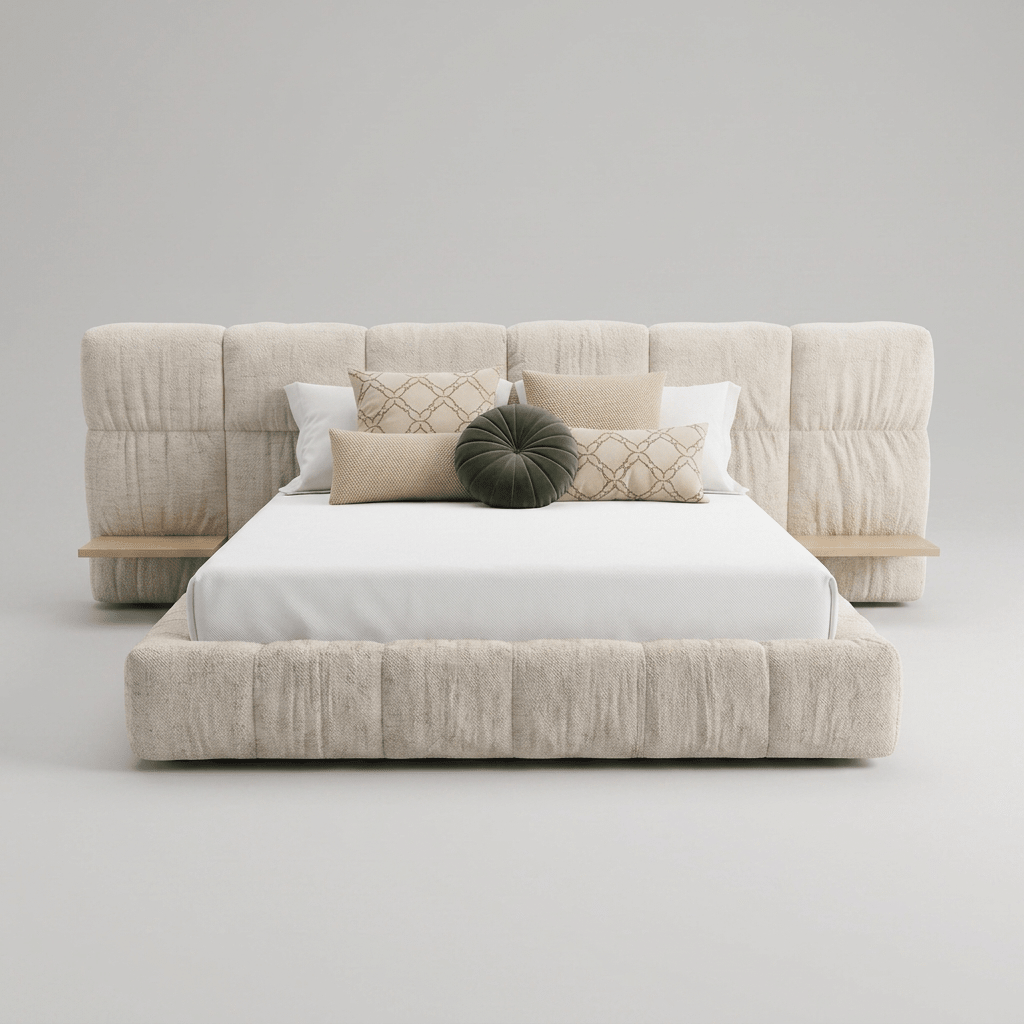 Cama com cabeceira mais larga que a base e mesas laterais dos dois lados, vista frontal