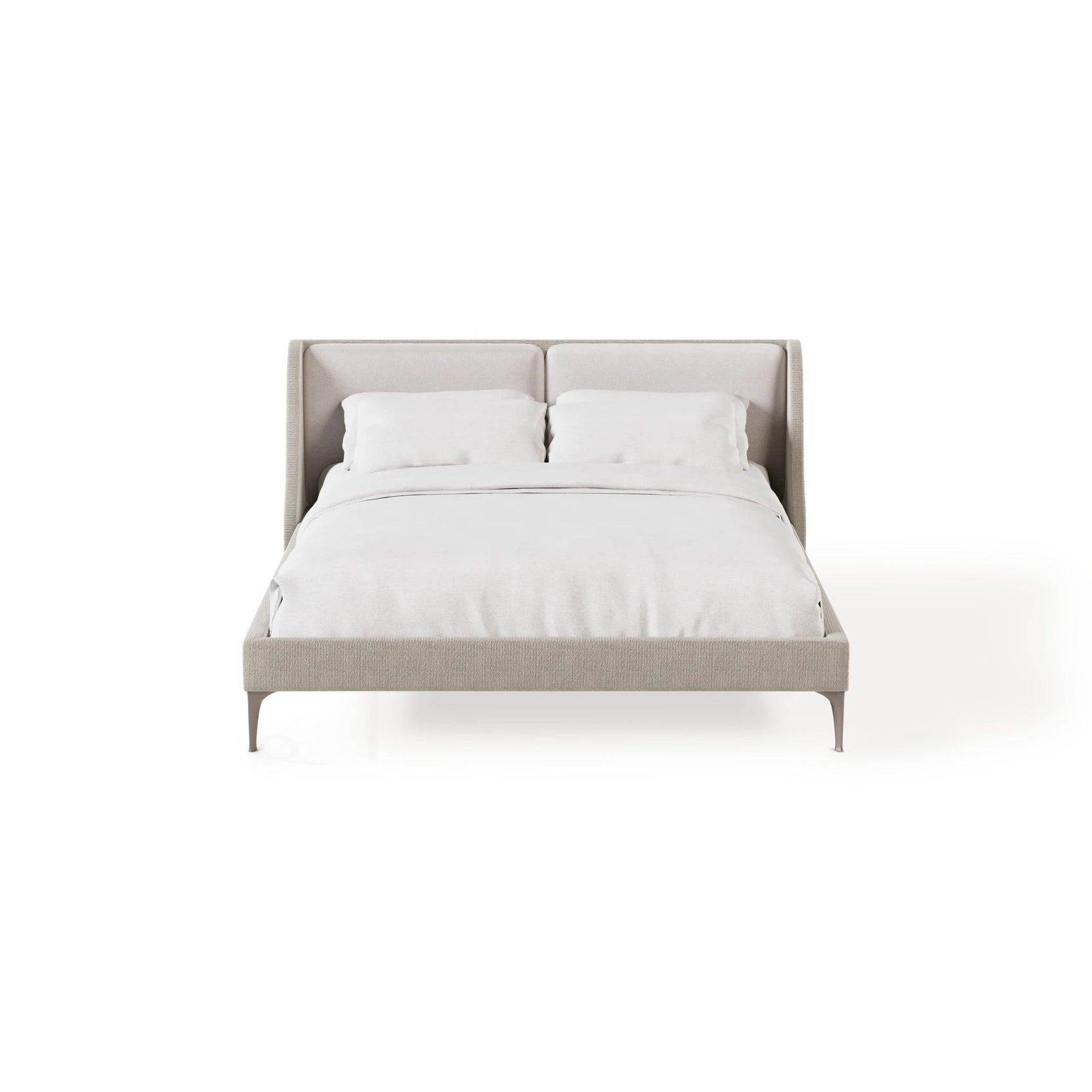 Cama estofada com cabeceira alta cinza e roupa de cama branca com dois travesseiros.