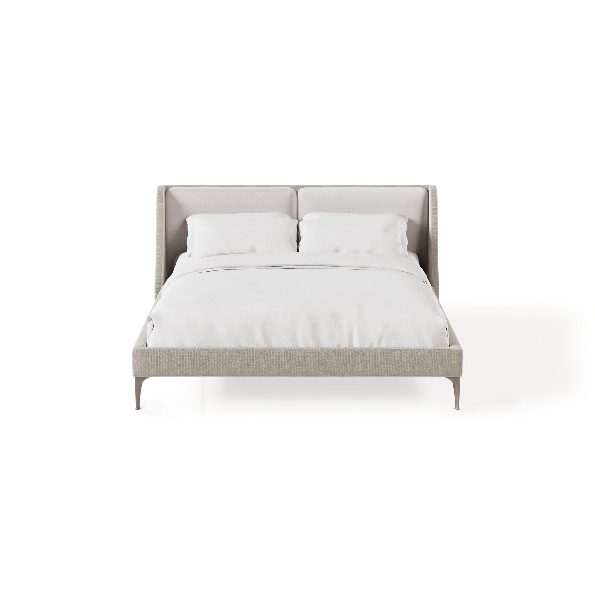 Cama estofada com cabeceira alta cinza e roupa de cama branca com dois travesseiros.