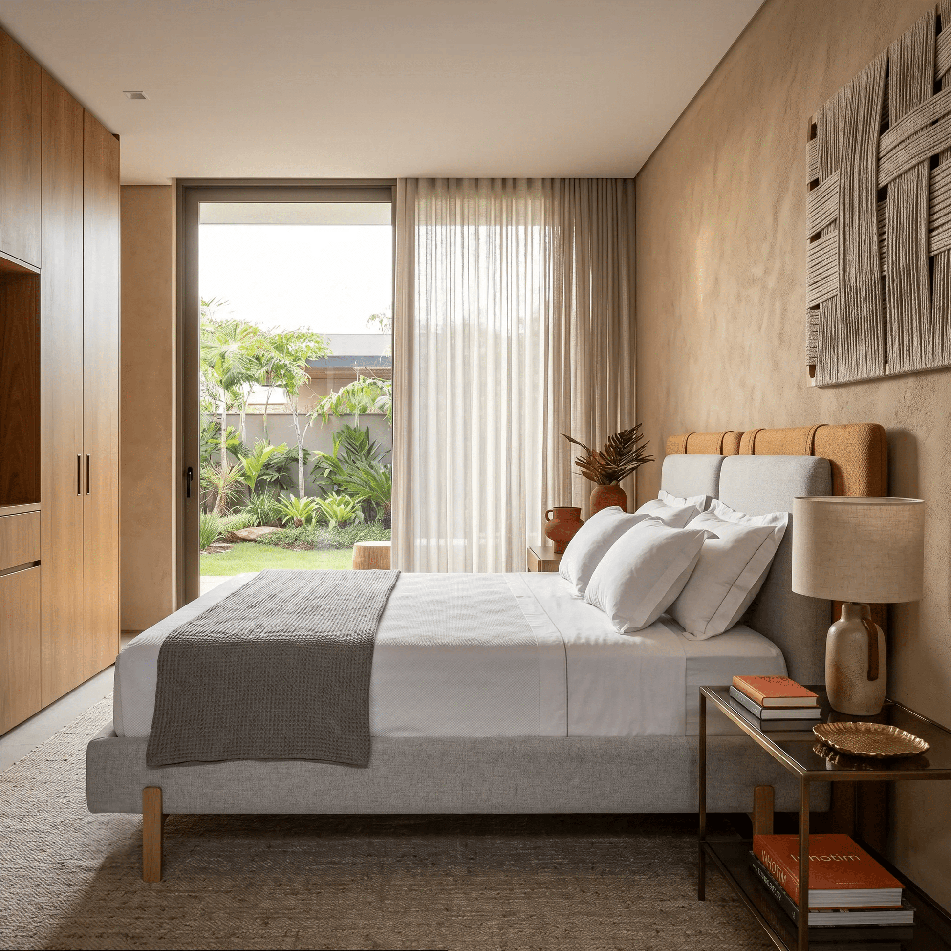 Cama estofada com cabeceira caramelo e base cinza, com roupa de cama branca