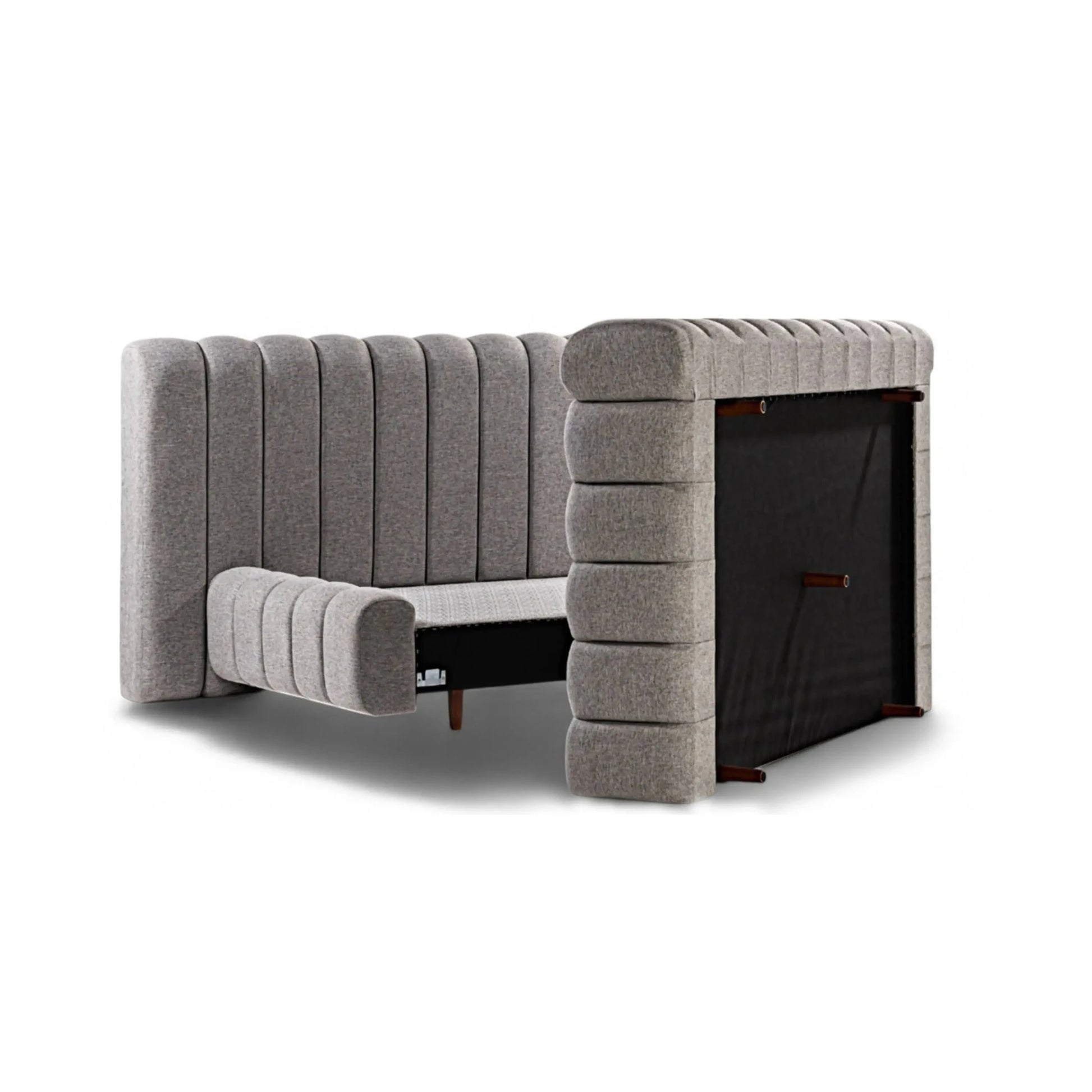 Cama estofada cinza com compartimento de armazenamento aberto na base