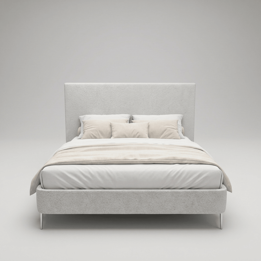 Cama estofada com cabeceira alta reta e base estofada elevada por pés finos, vista frontal