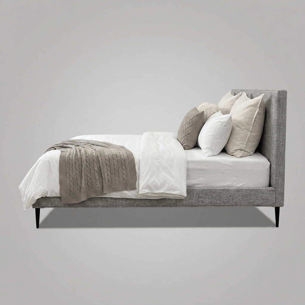 Cama Isla estofada cinza, vista lateral, almofadas brancas e manta de tricô cinza