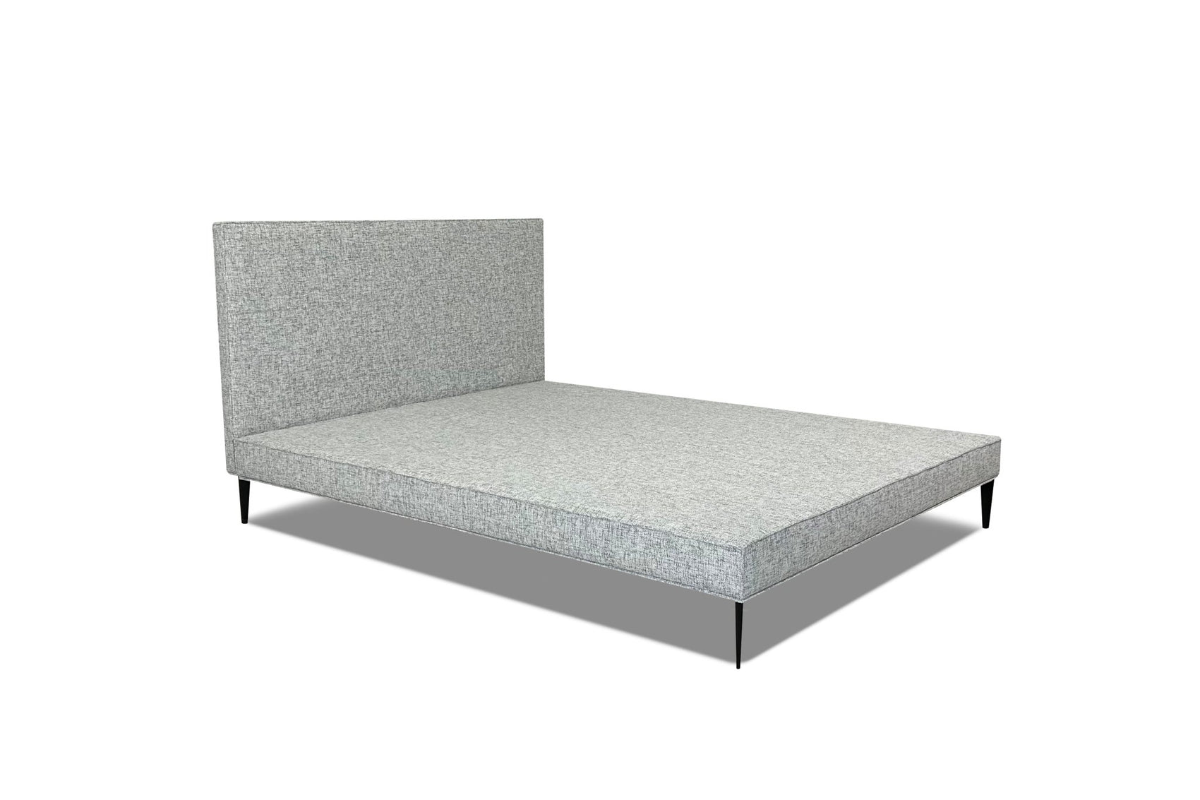 Cama Isla estofada cinza, base com cabeceira e estrado retangular sem roupa de cama