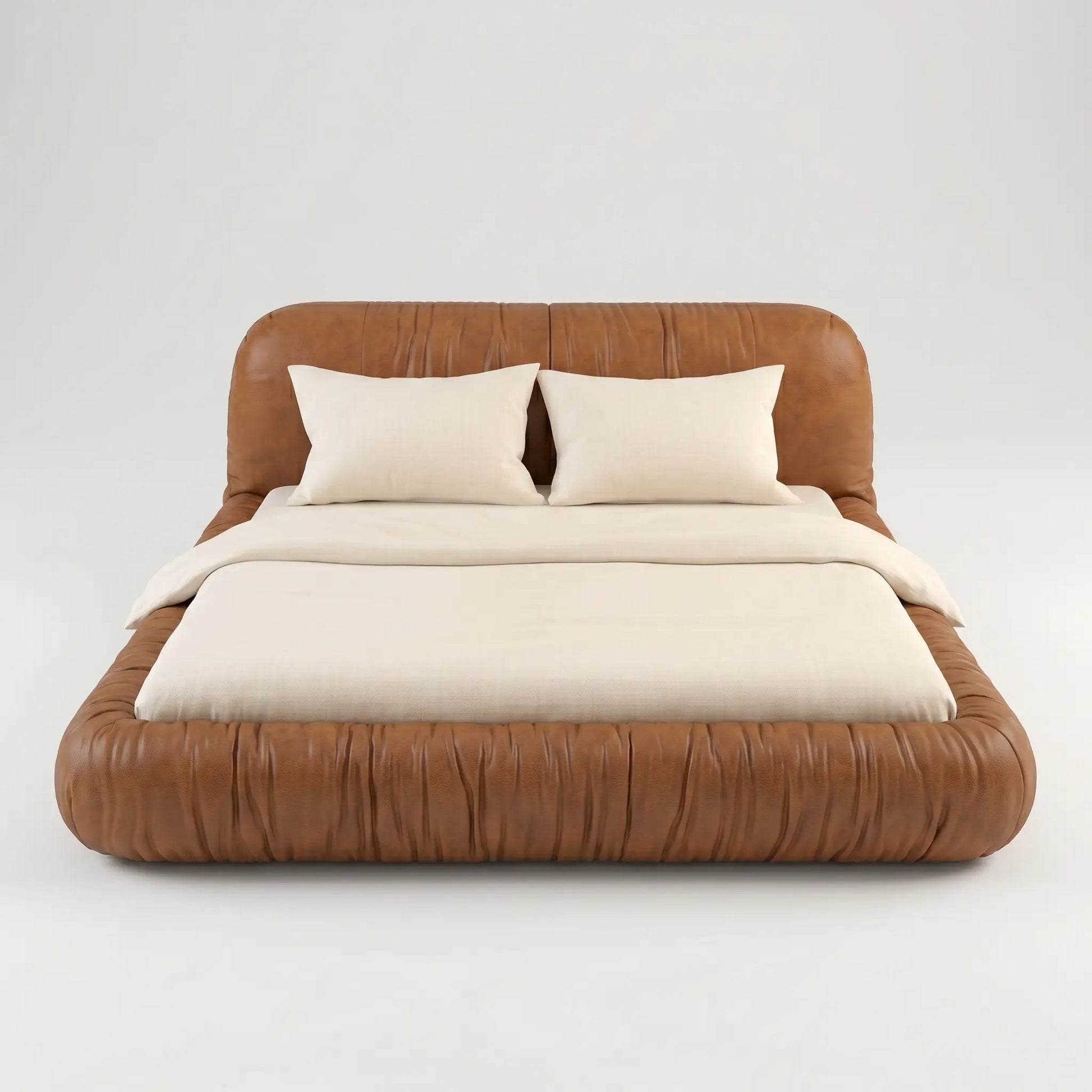 Cama estofada marrom com cabeceira alta acolchoada e roupa de cama branca, frontal