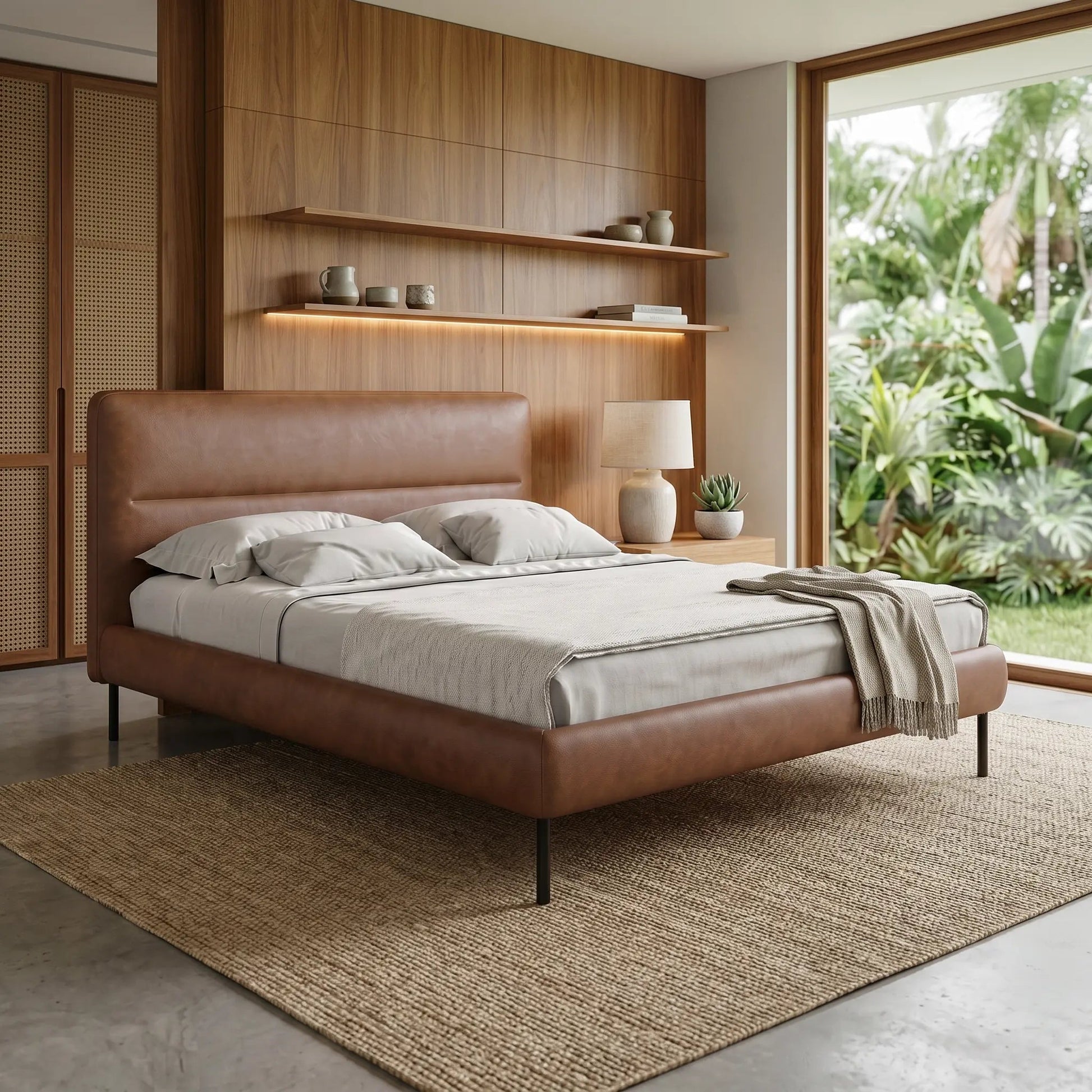 Cama com cabeceira alta e estofado marrom, roupa de cama clara e pé metálico preto