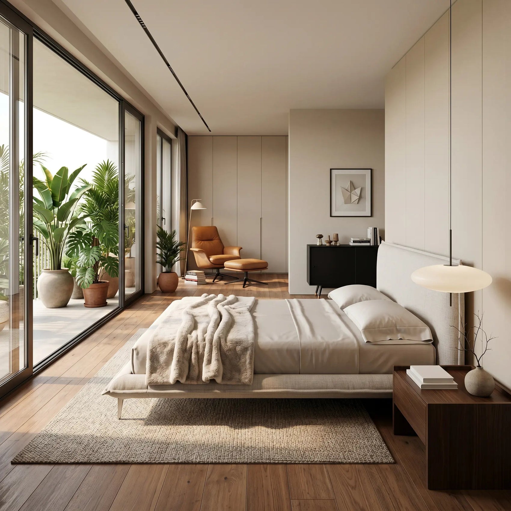 Cama estofada com cabeceira alta e base baixa, cobertor e travesseiros em tons claros.