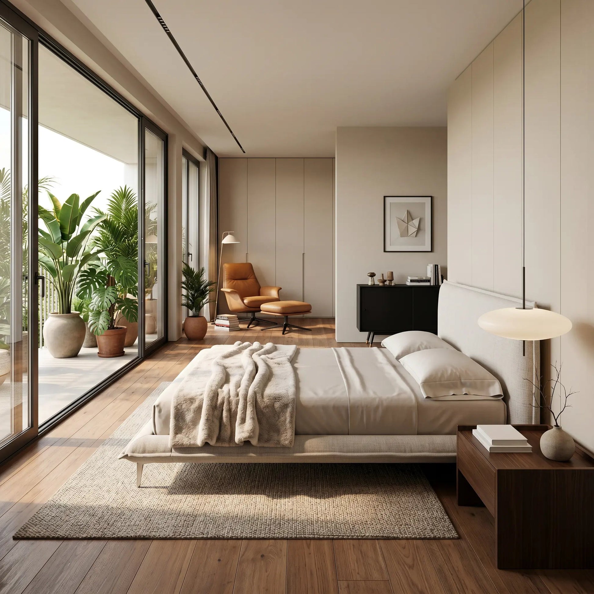 Cama estofada com cabeceira alta e base baixa, cobertor e travesseiros em tons claros.