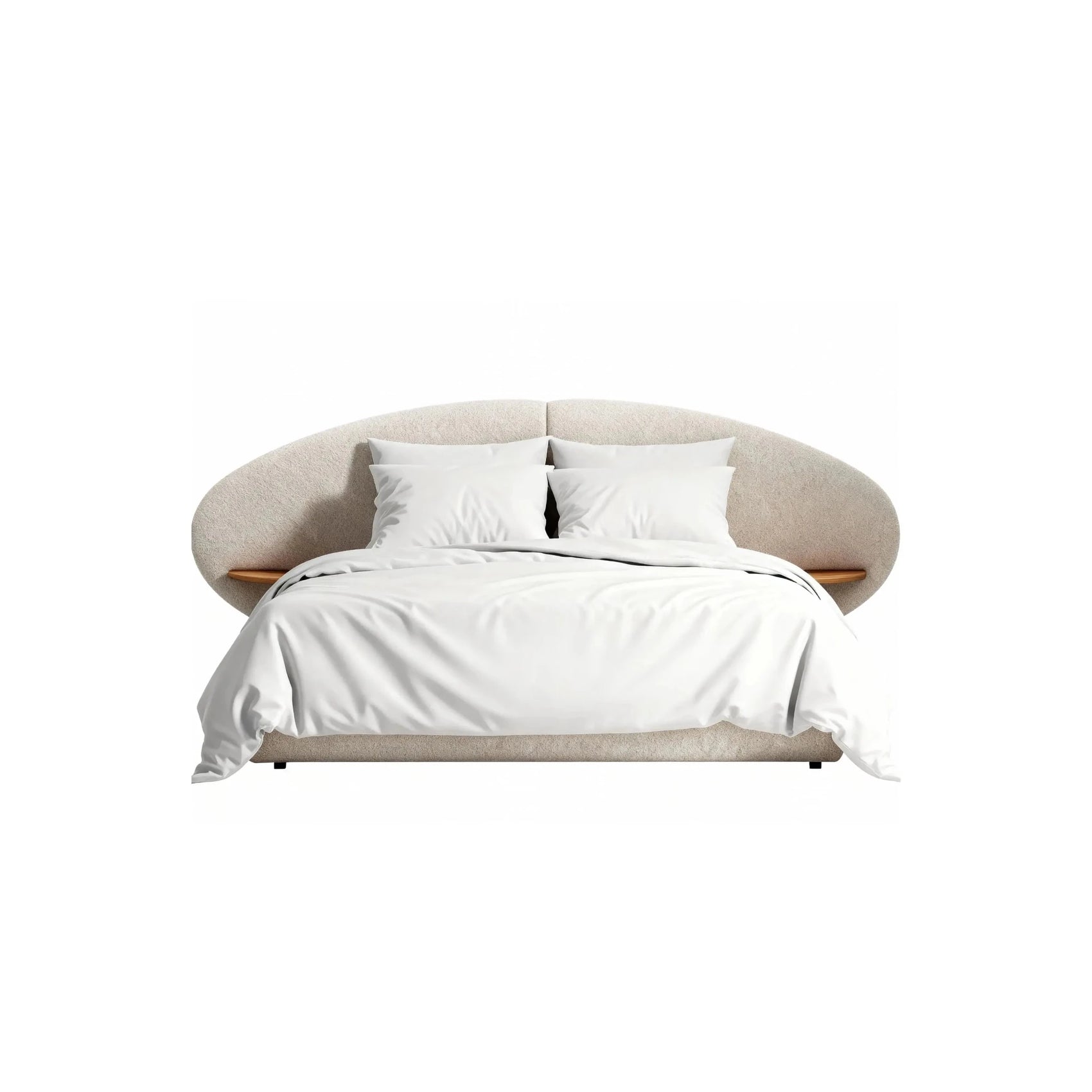 Cama Kora estofada bege, cabeceira arredondada e roupa de cama branca