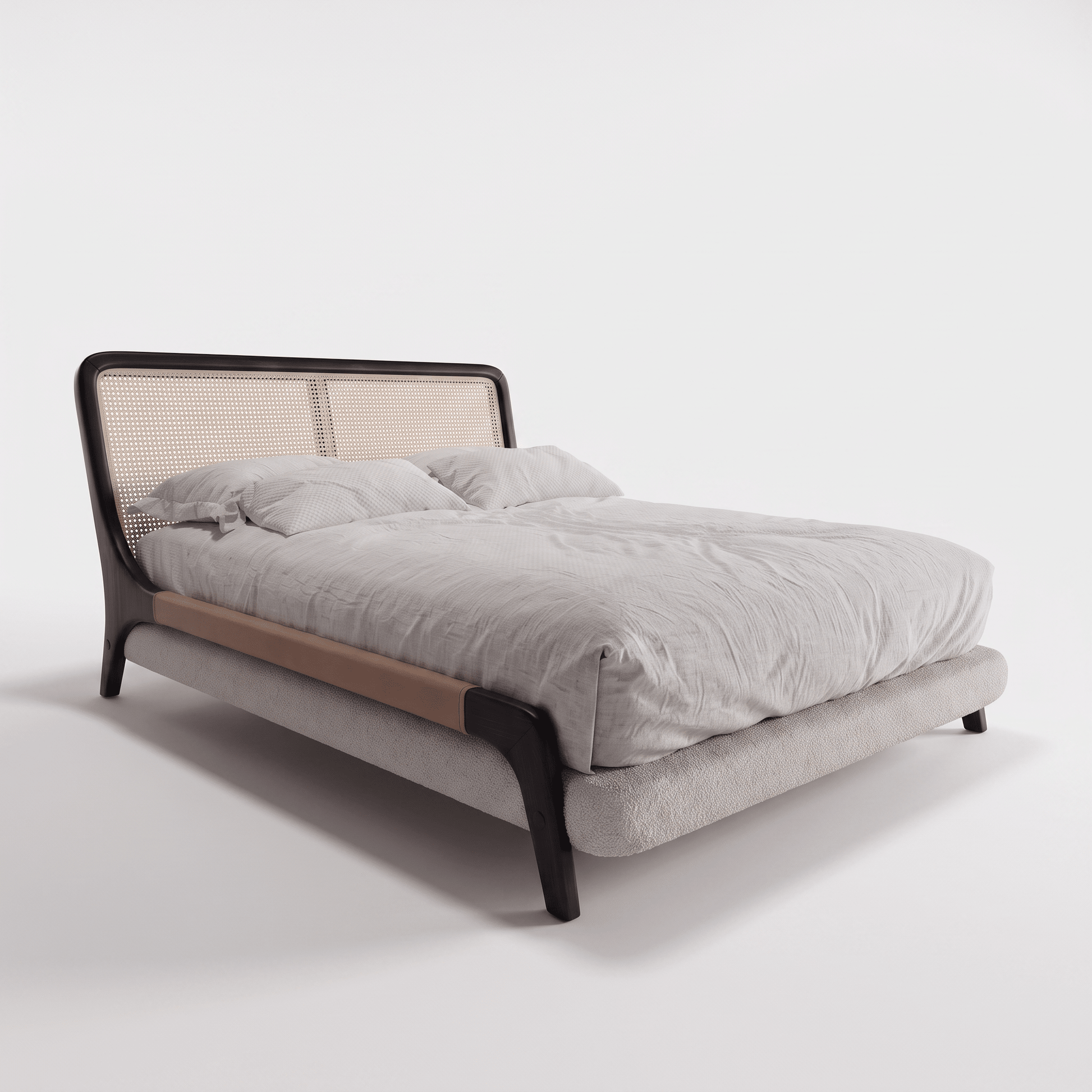 Cama com estrutura escura e cabeceira vazada, roupa de cama cinza claro.