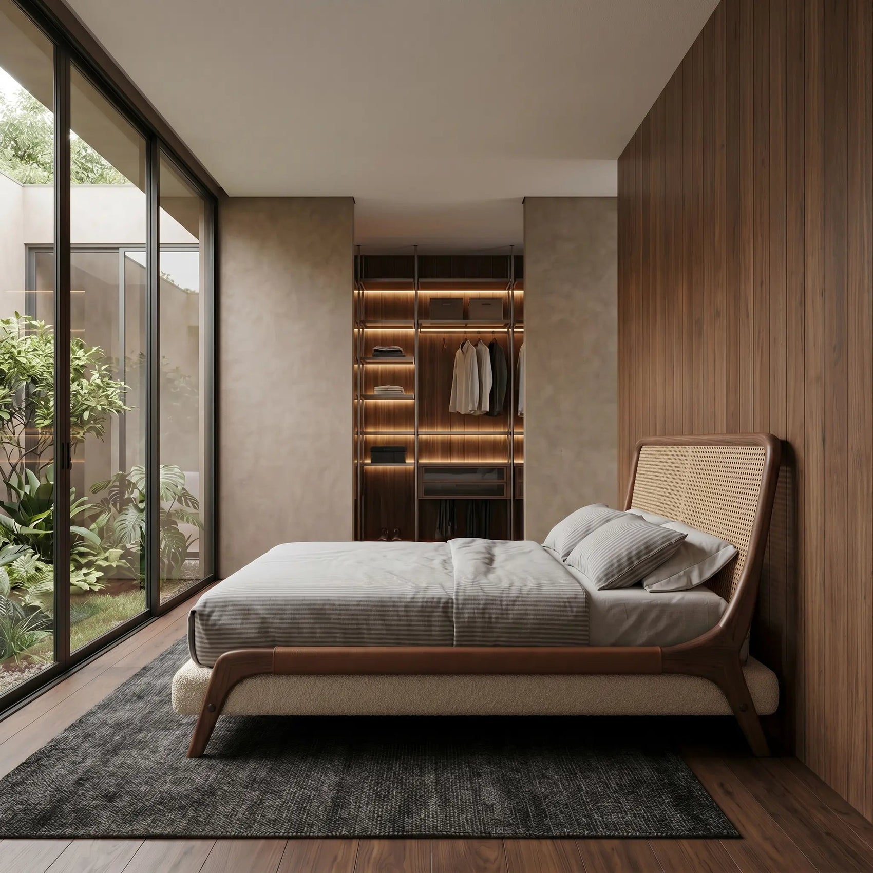 Cama estofada com cabeceira em tecido trançado, base de madeira e roupa de cama cinza claro