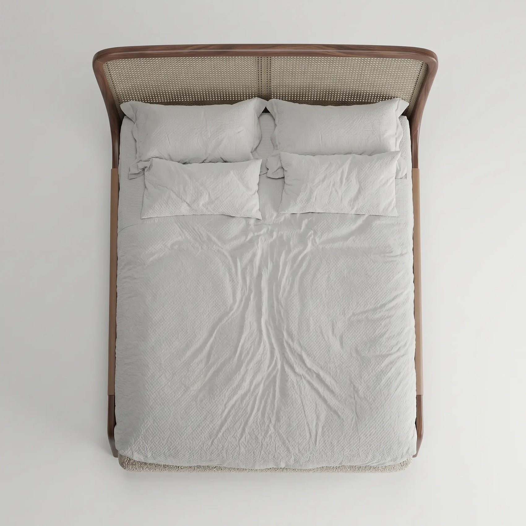 Cama estofada com cabeceira em tecido trançado e roupa de cama cinza claro