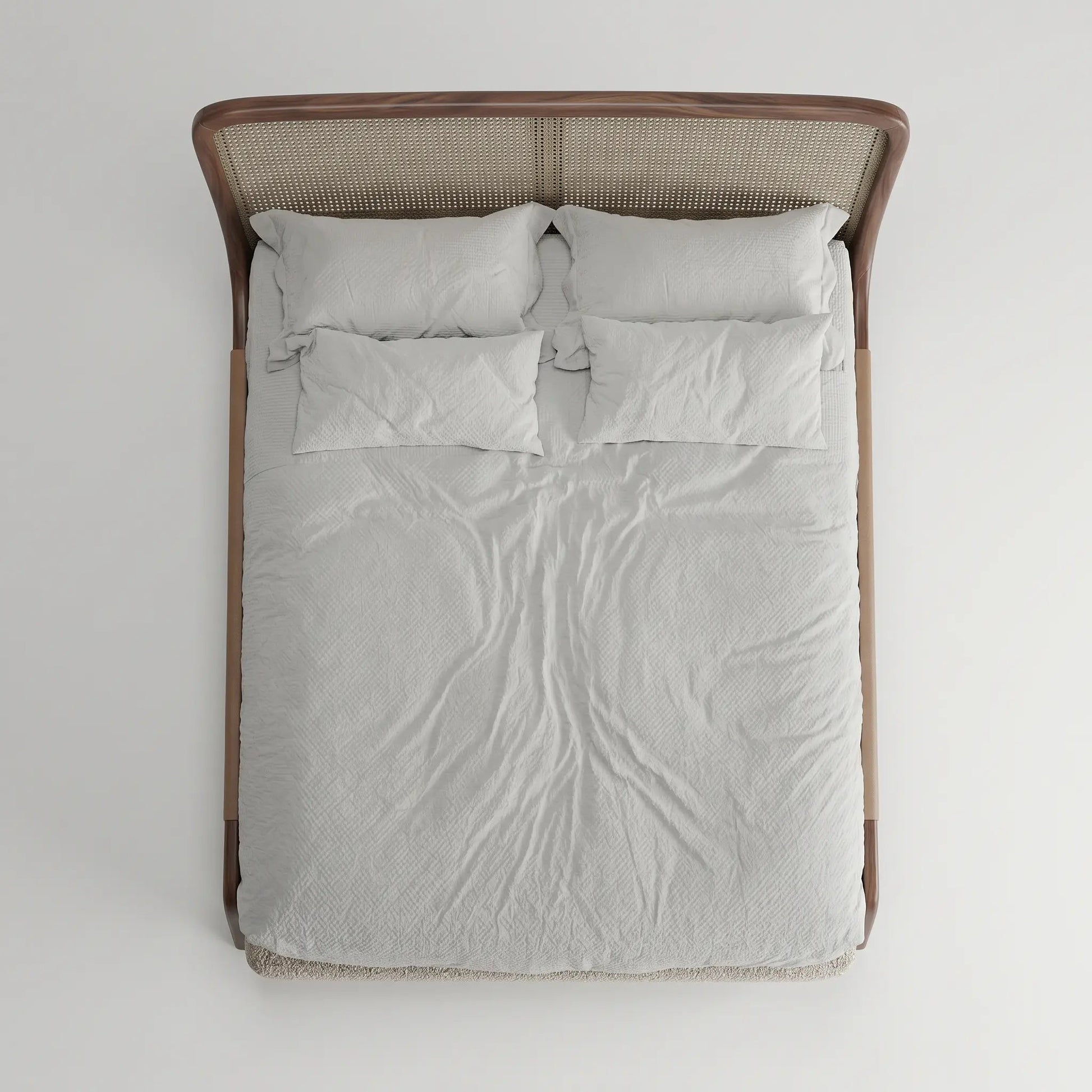 Cama estofada com cabeceira em tecido trançado e roupa de cama cinza claro