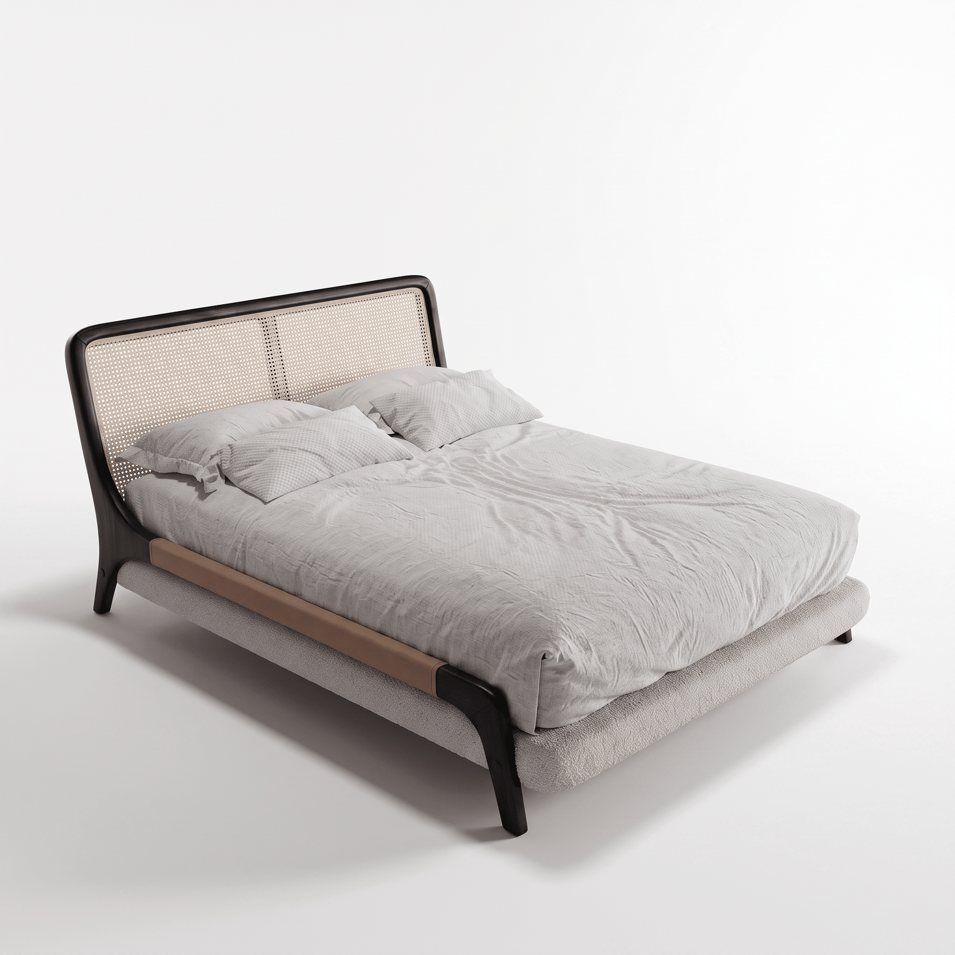 Cama com pés altos e estrutura escura, roupa de cama cinza claro.