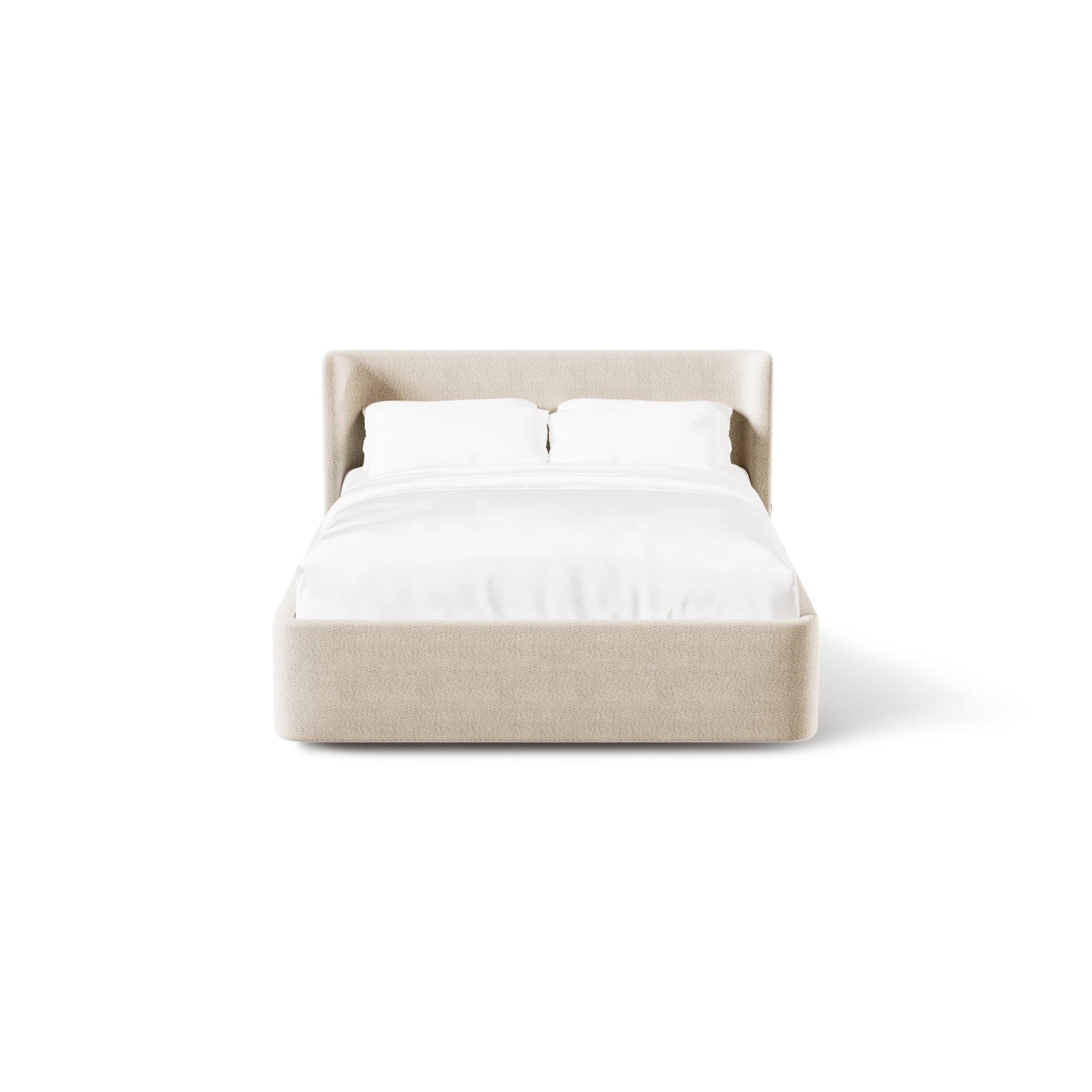 Cama com cabeceira estofada bege e base baixa, com roupa de cama branca