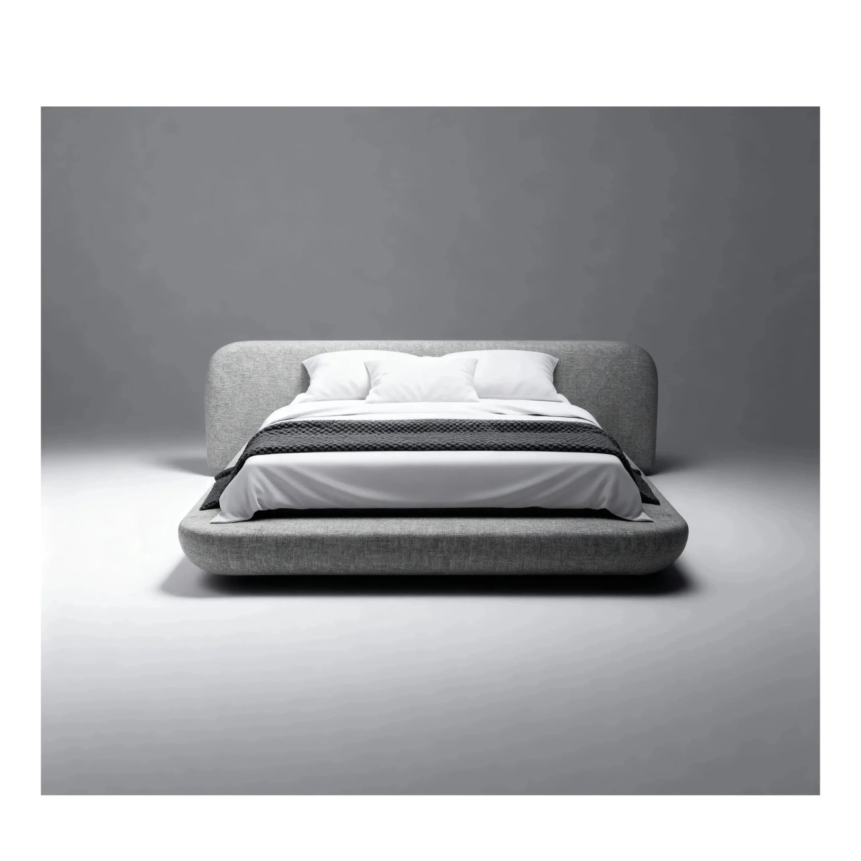 Cama Nala estofada cinza clara com colchão escuro e roupa de cama branca