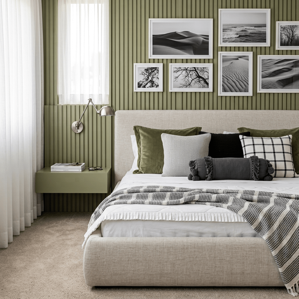 Cama de cabeceira estofada em quarto com painel ripado, quadros na parede e mesa de cabeceira suspensa