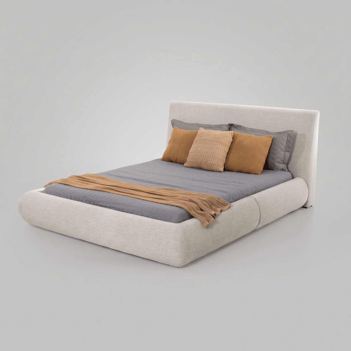 Cama de base baixa e volumosa com cabeceira estofada, vista de três quartos