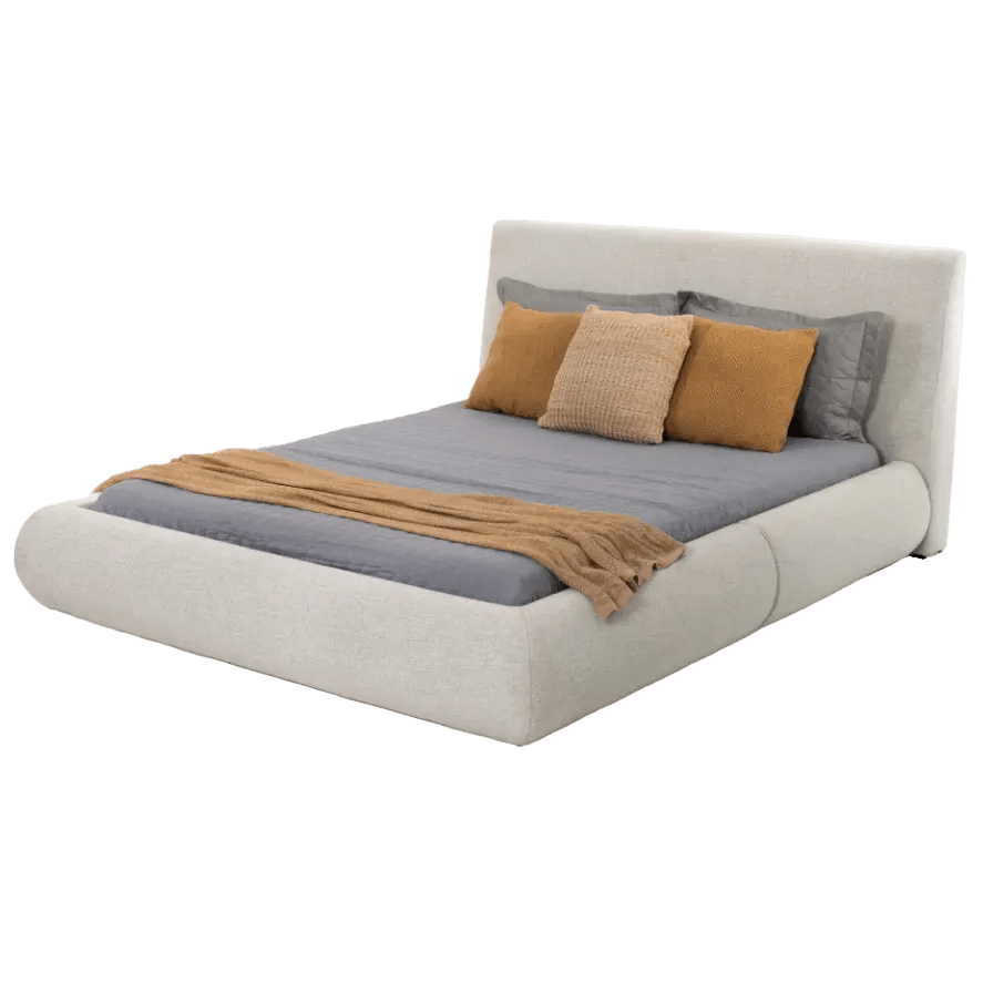 Cama estofada com cabeceira alta e base de cantos arredondados