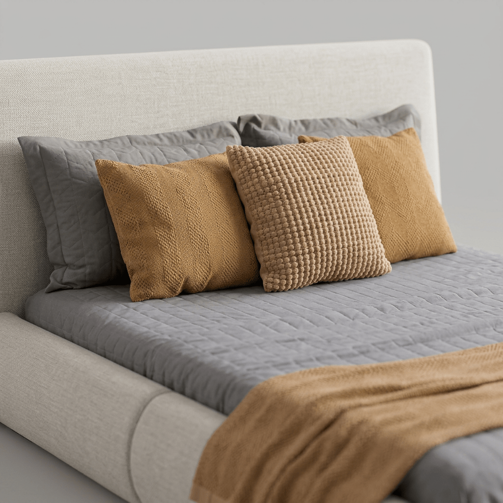Detalhe da cabeceira estofada com travesseiros e almofadas sobre a cama