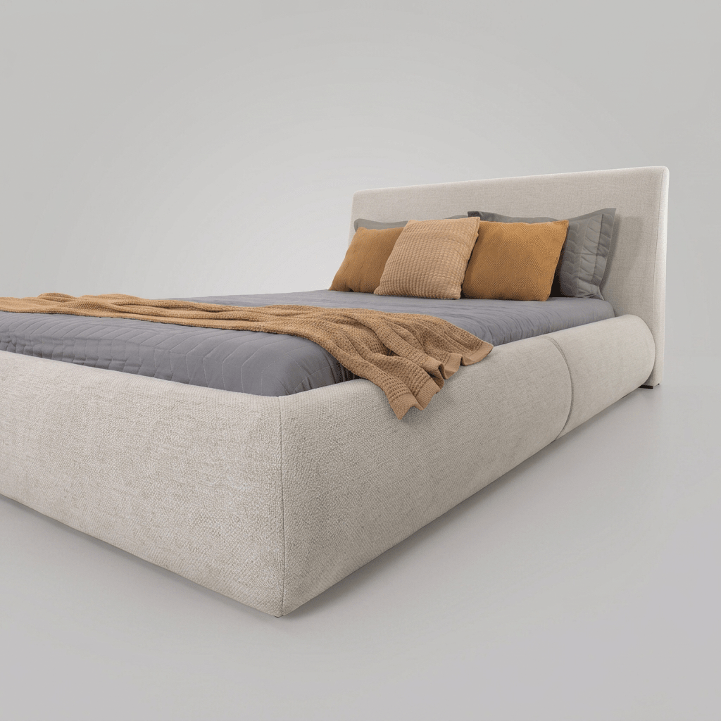 Cama com o canto arredondado da base estofada em primeiro plano, vista lateral