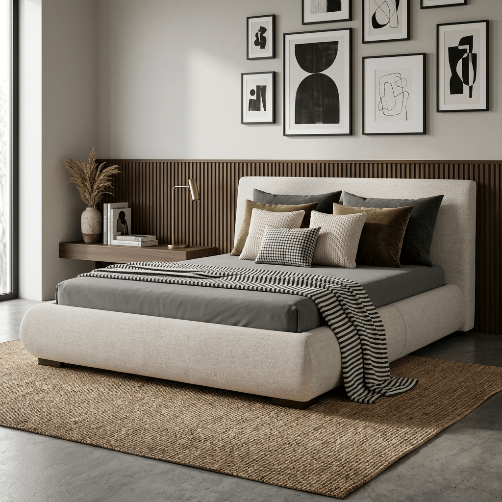 Cama de base arredondada em quarto com painel de madeira ripado, galeria de quadros e tapete de fibra