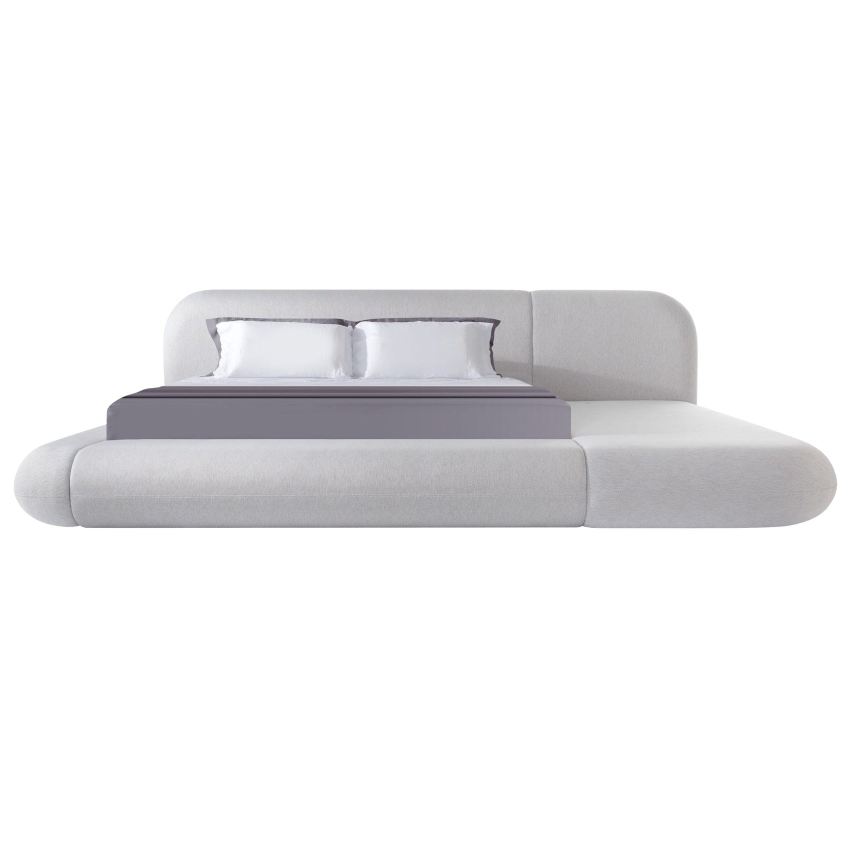 Cama orgânica estofada cinza clara com cabeceira alta e base ampla