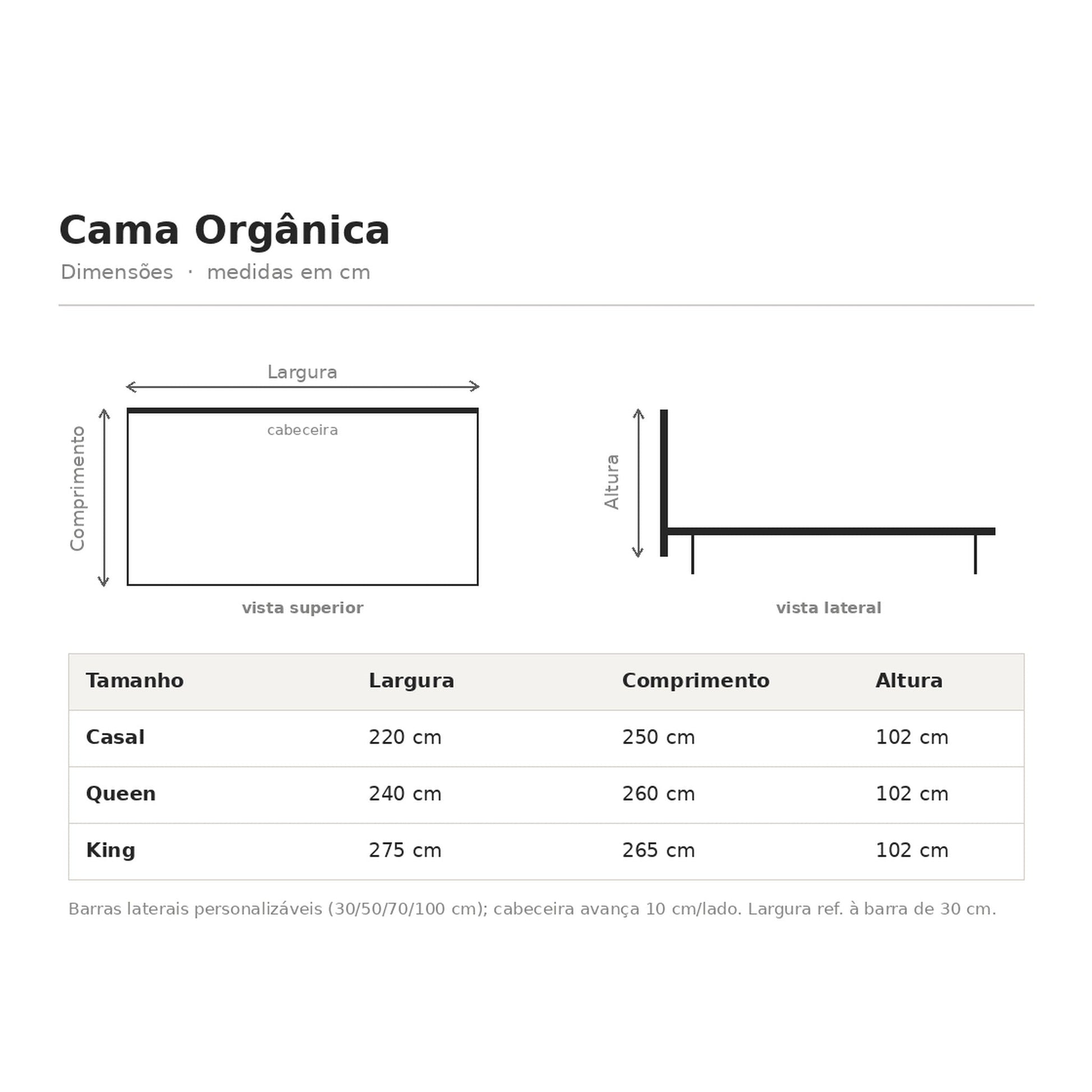 Tabela de medidas da Cama Orgânica: larguras e comprimentos por tamanho