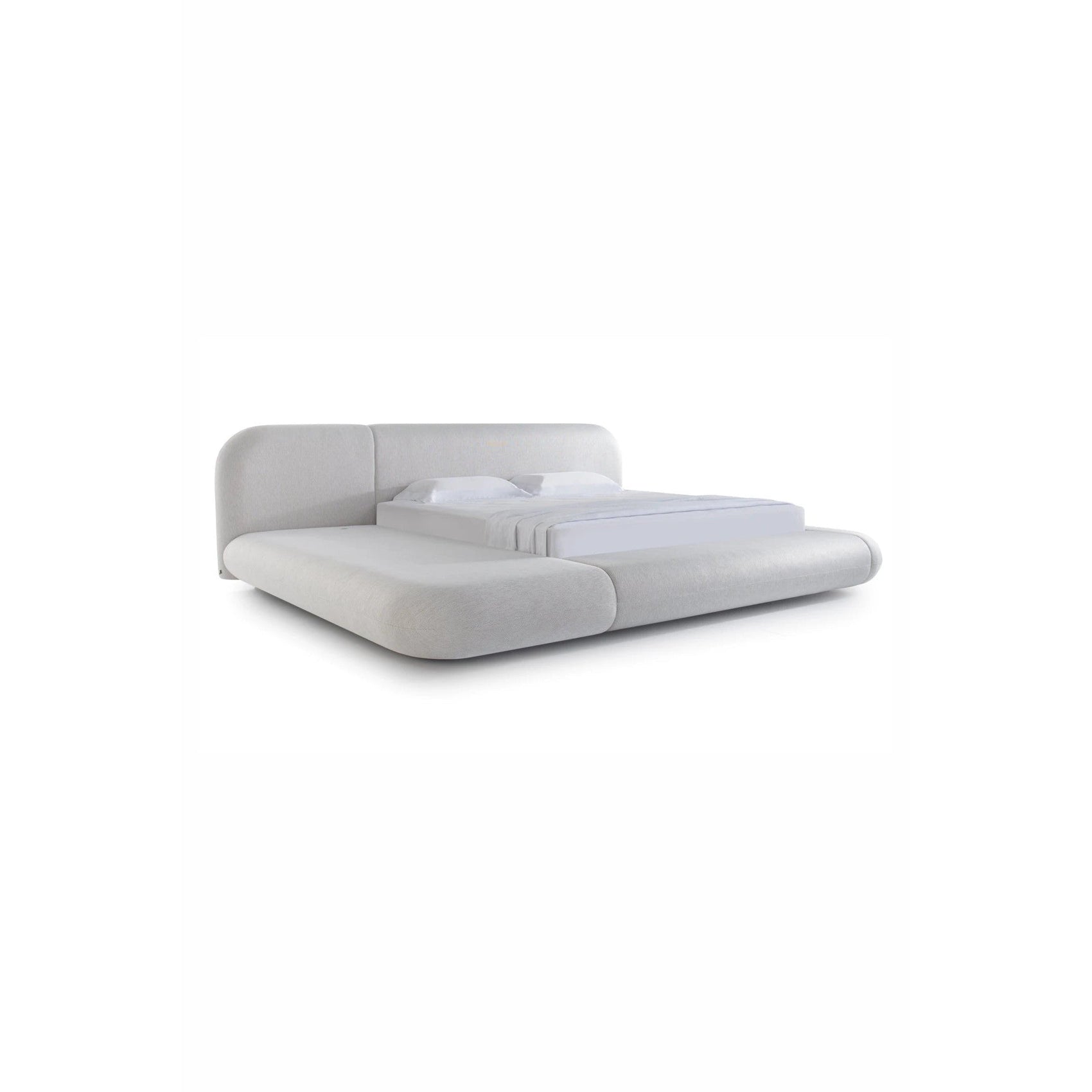 Cama orgânica estofada cinza com cabeceira almofadada e base baixa