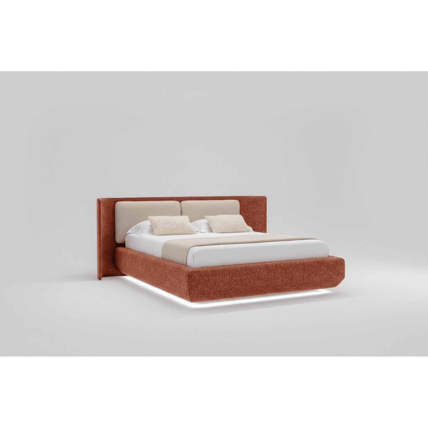 Cama estofada marrom com cabeceira retangular alta e base baixa, roupa de cama branca