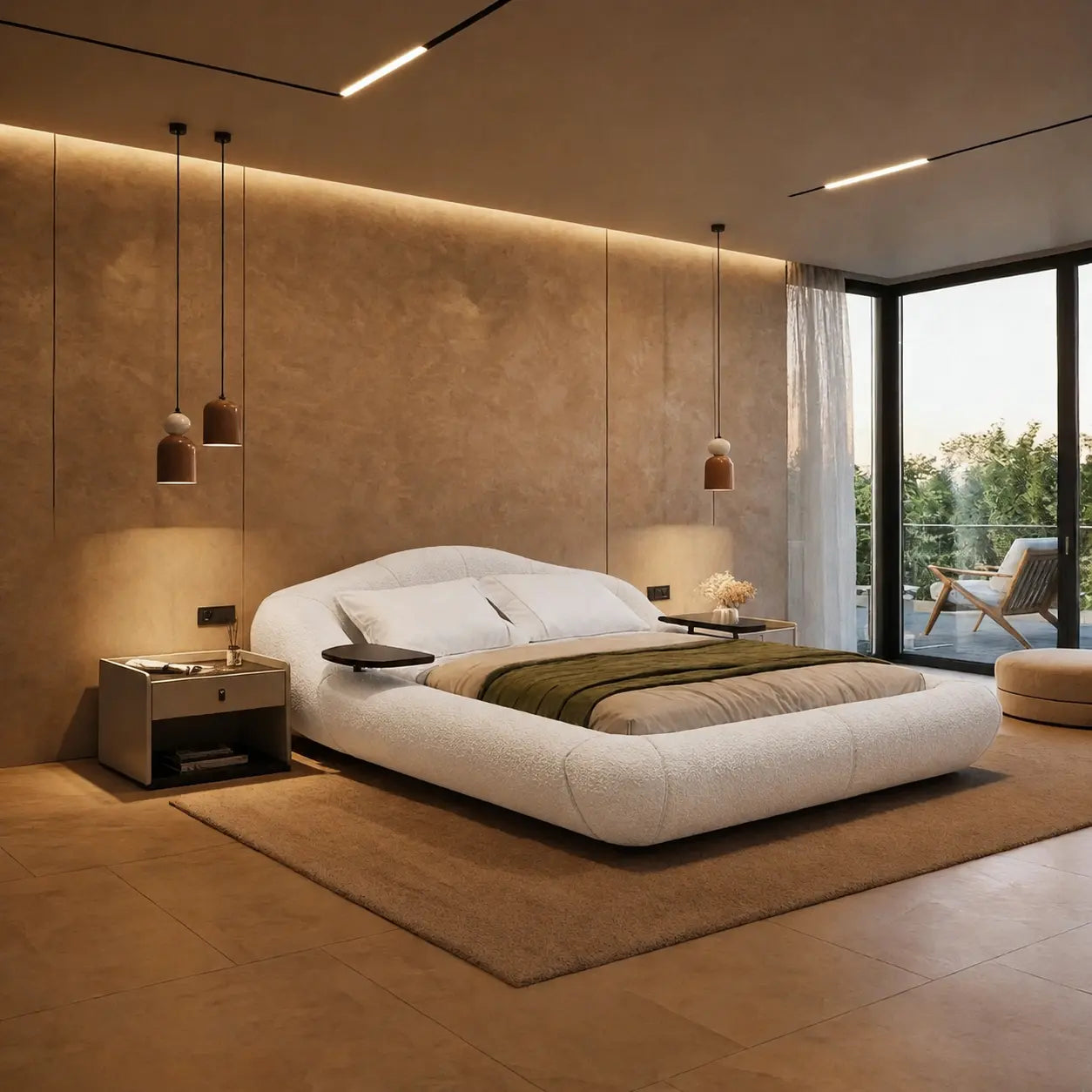 Cama queen estofada bege claro com almofadas brancas e suportes laterais pretos